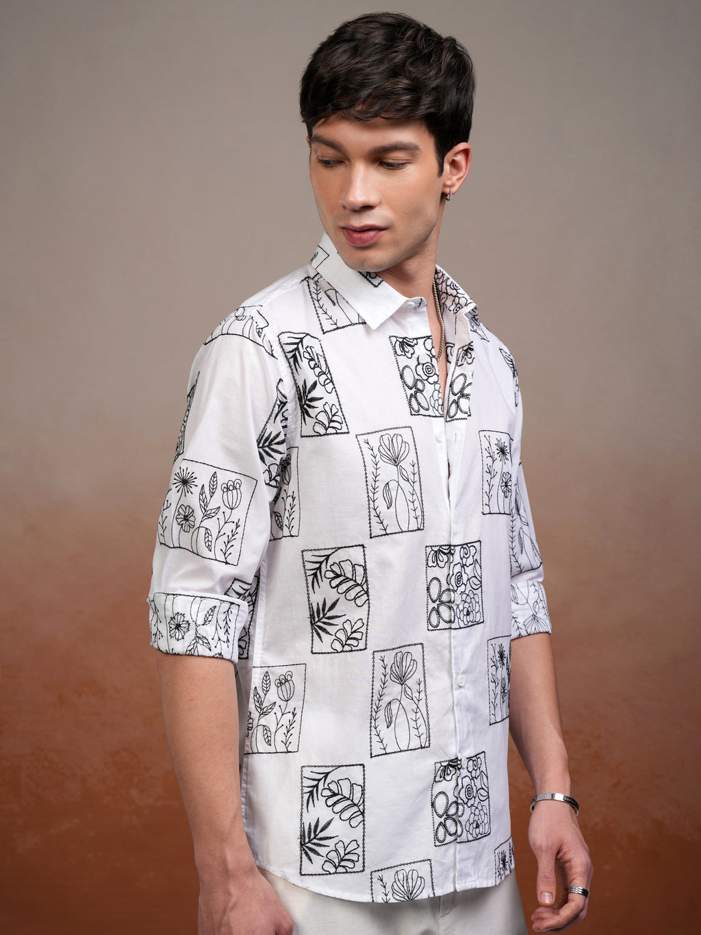 Highlander Men White Embroidered Slim Fit Casual Shirt - White - Image 6