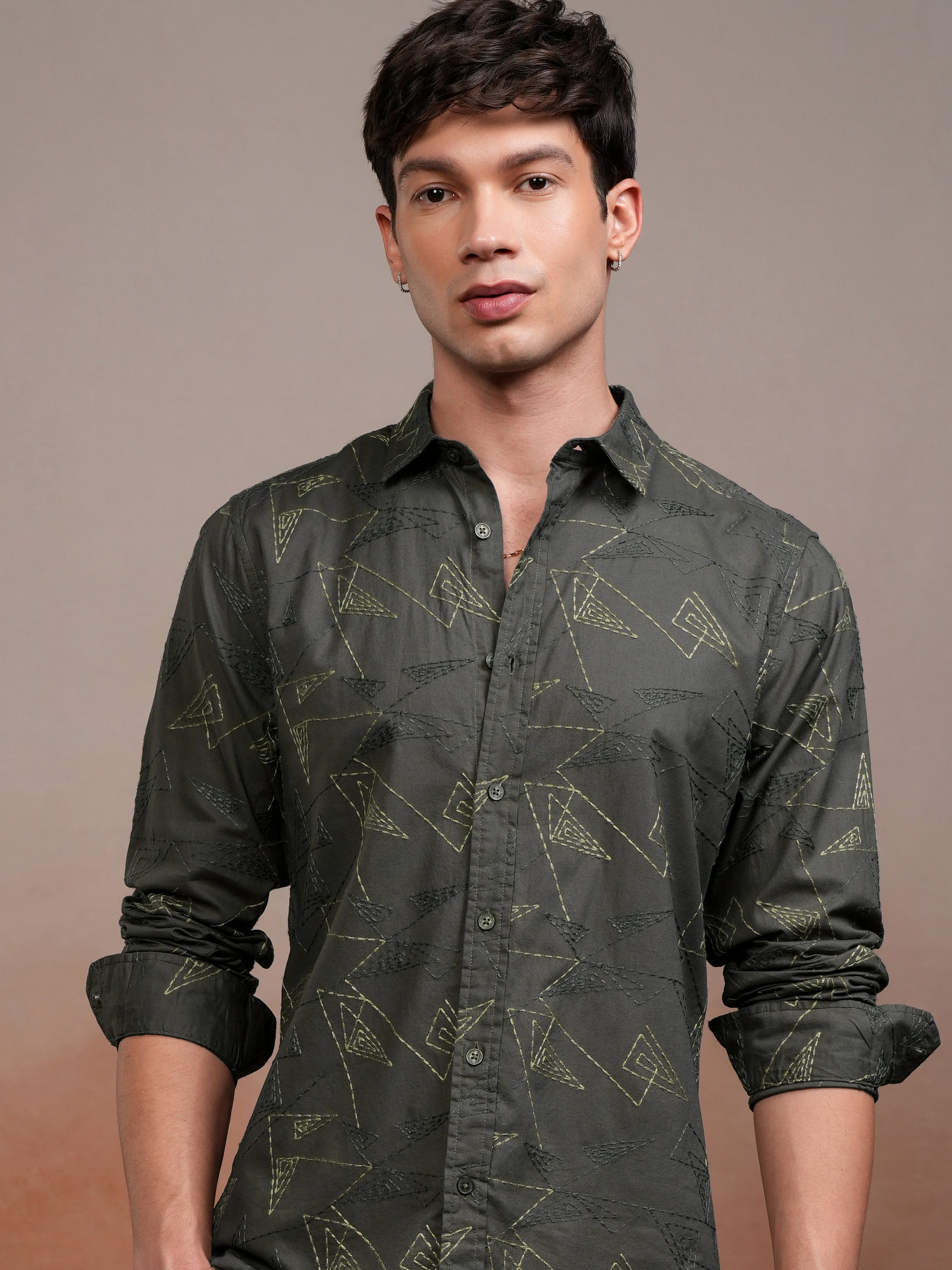 Highlander Men Olive Embroidered Slim Fit Casual Shirt - Olive - Image 1