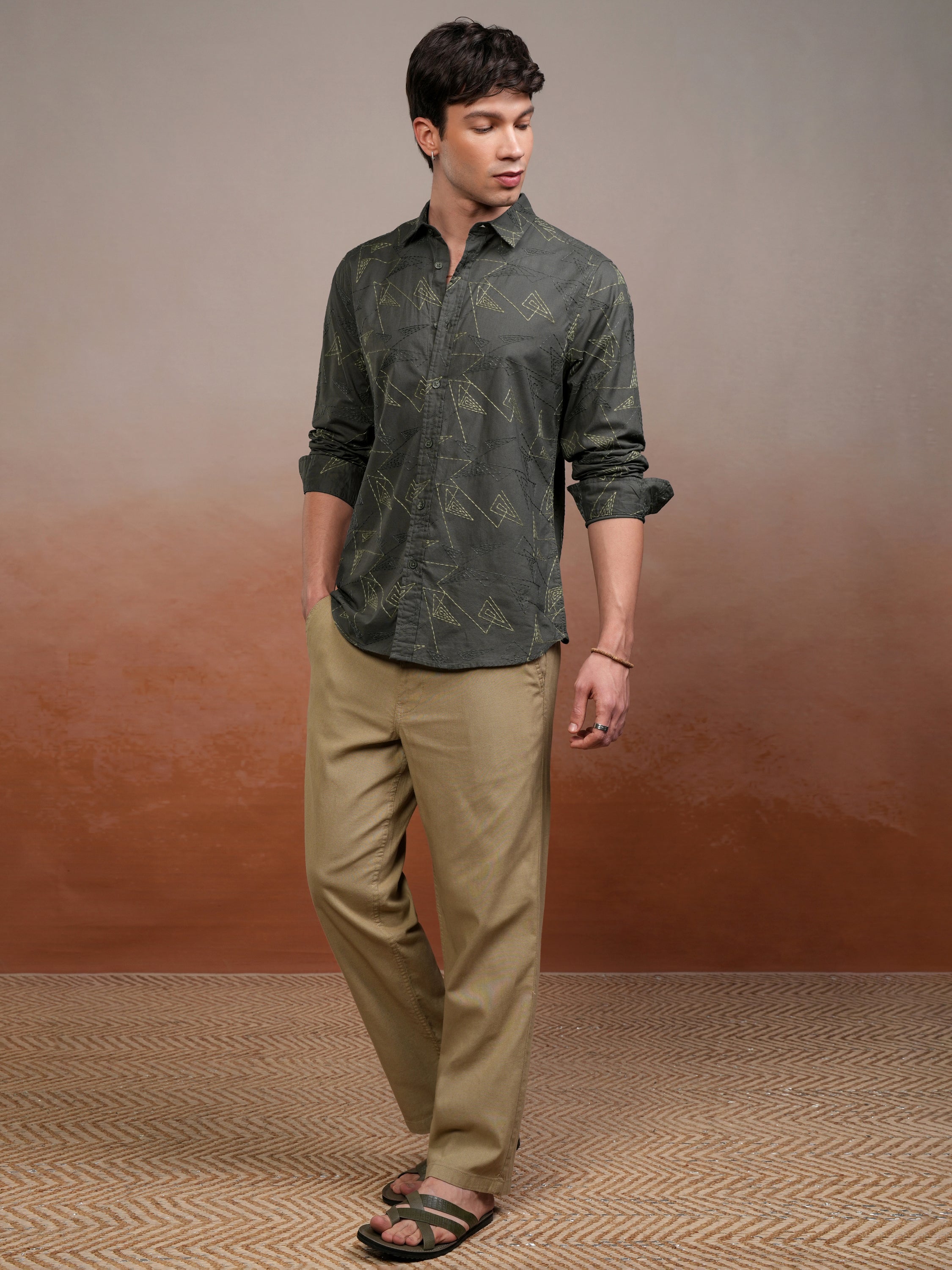 Highlander Men Olive Embroidered Slim Fit Casual Shirt - Olive - Image 2