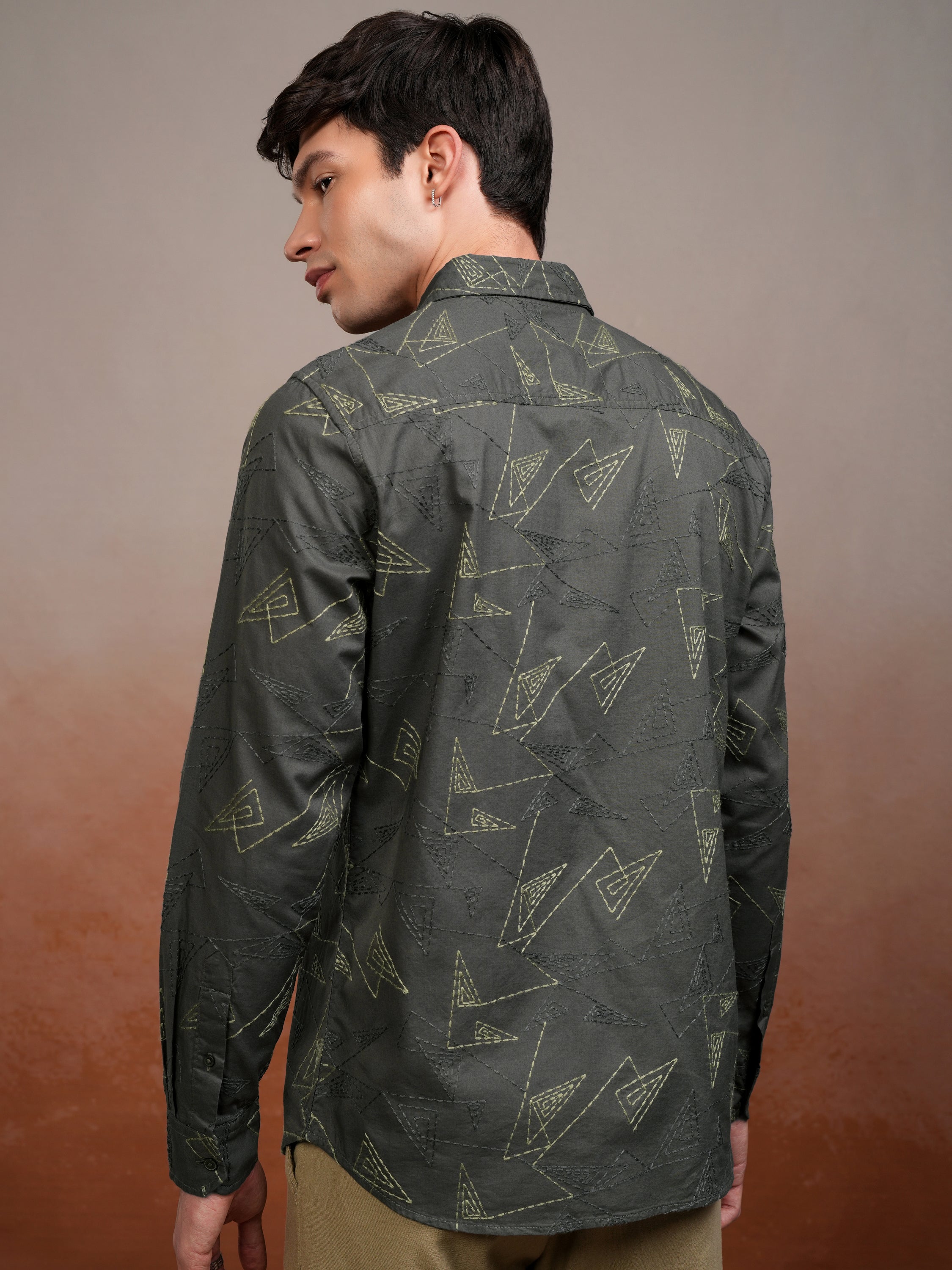 Highlander Men Olive Embroidered Slim Fit Casual Shirt - Olive - Image 3