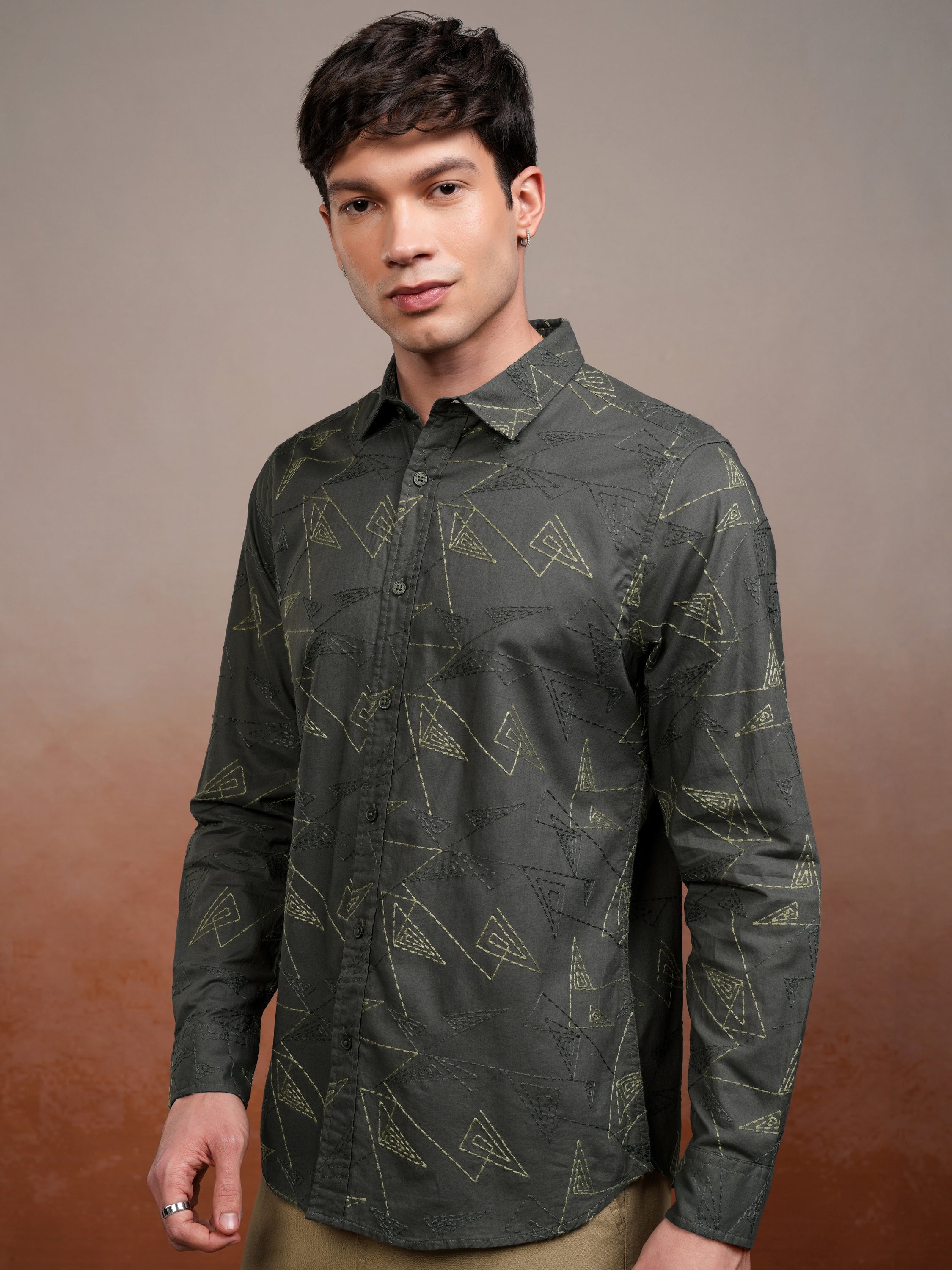 Highlander Men Olive Embroidered Slim Fit Casual Shirt - Olive - Image 4
