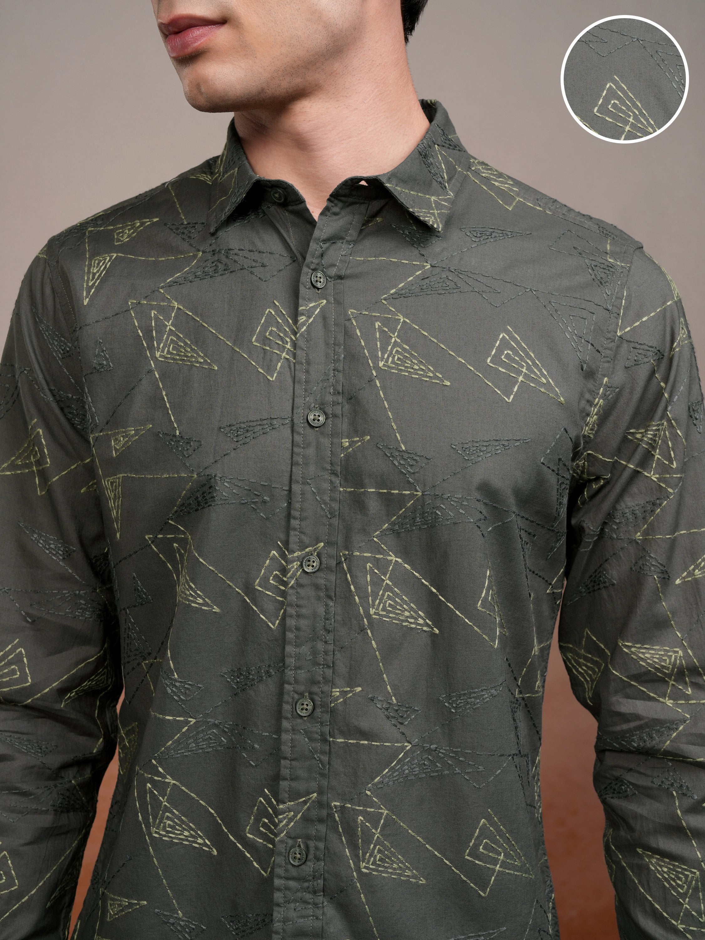 Highlander Men Olive Embroidered Slim Fit Casual Shirt - Olive - Image 5