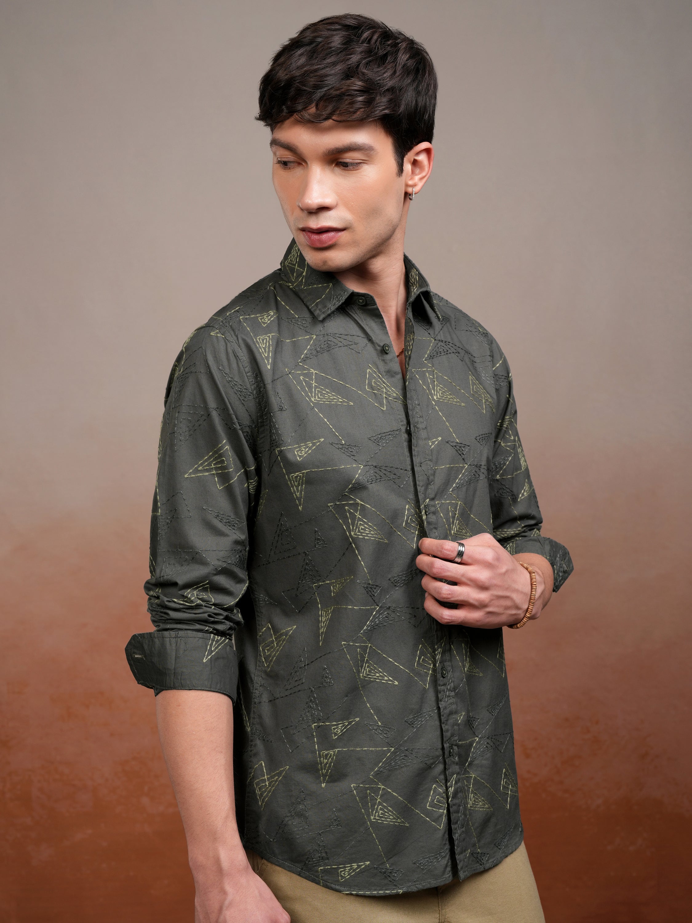 Highlander Men Olive Embroidered Slim Fit Casual Shirt - Olive - Image 6