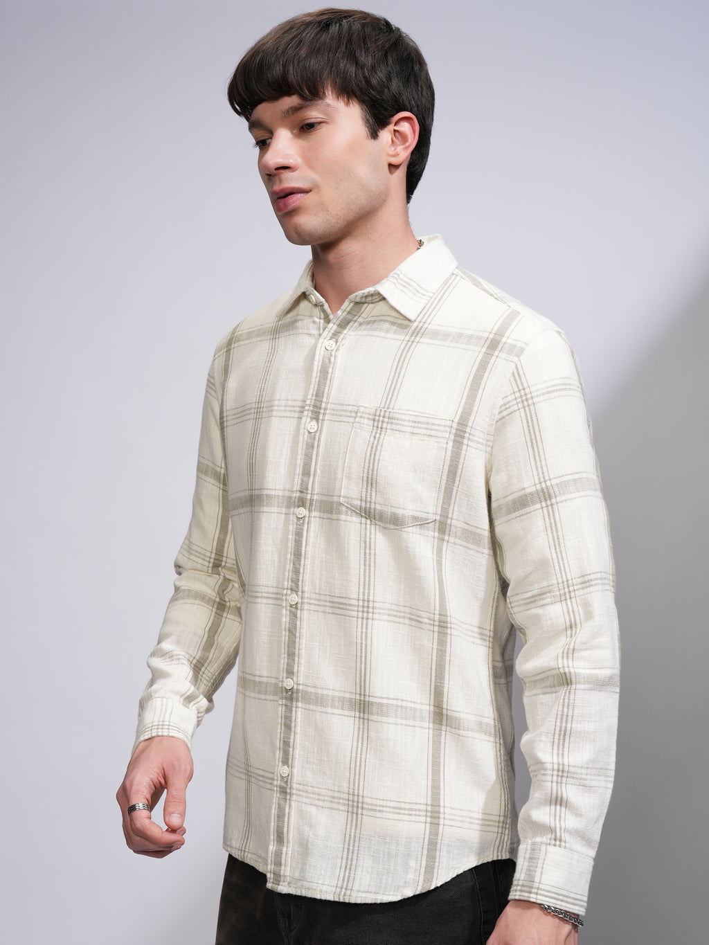 Highlander Men Cream Checked Slim Fit Casual Shirt - Cream - Image 4