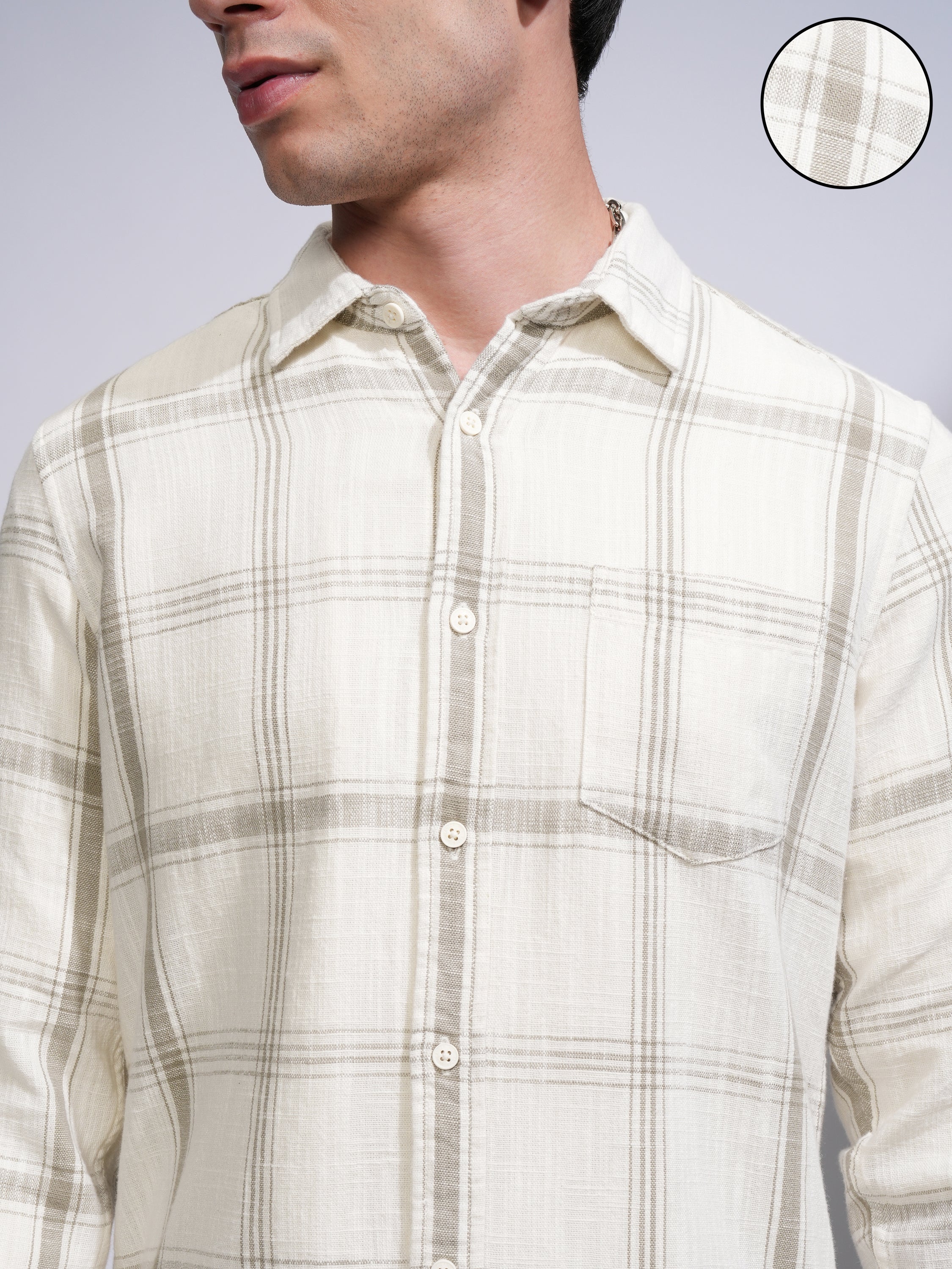 Highlander Men Cream Checked Slim Fit Casual Shirt - Cream - Image 5