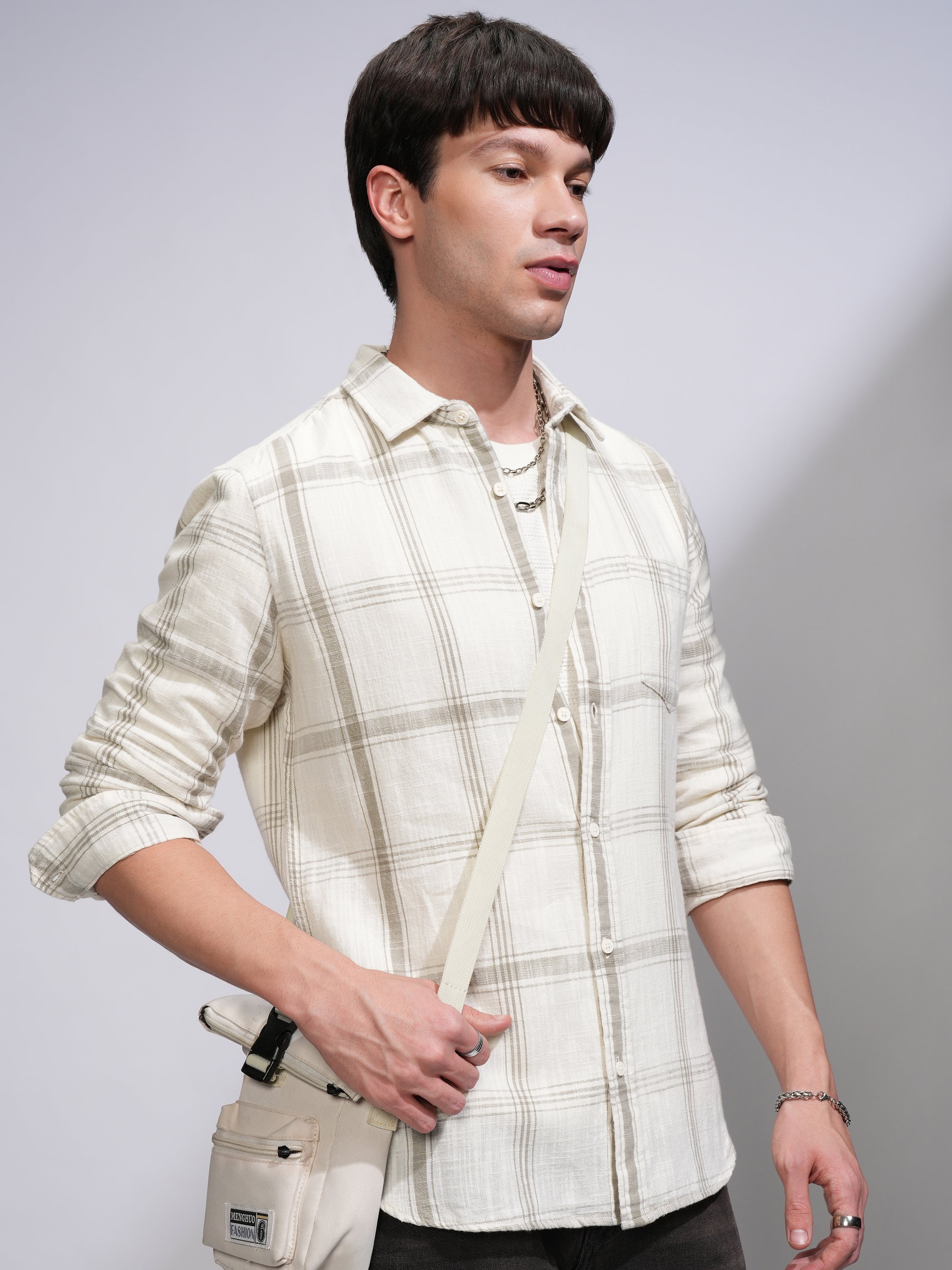 Highlander Men Cream Checked Slim Fit Casual Shirt - Cream - Image 6