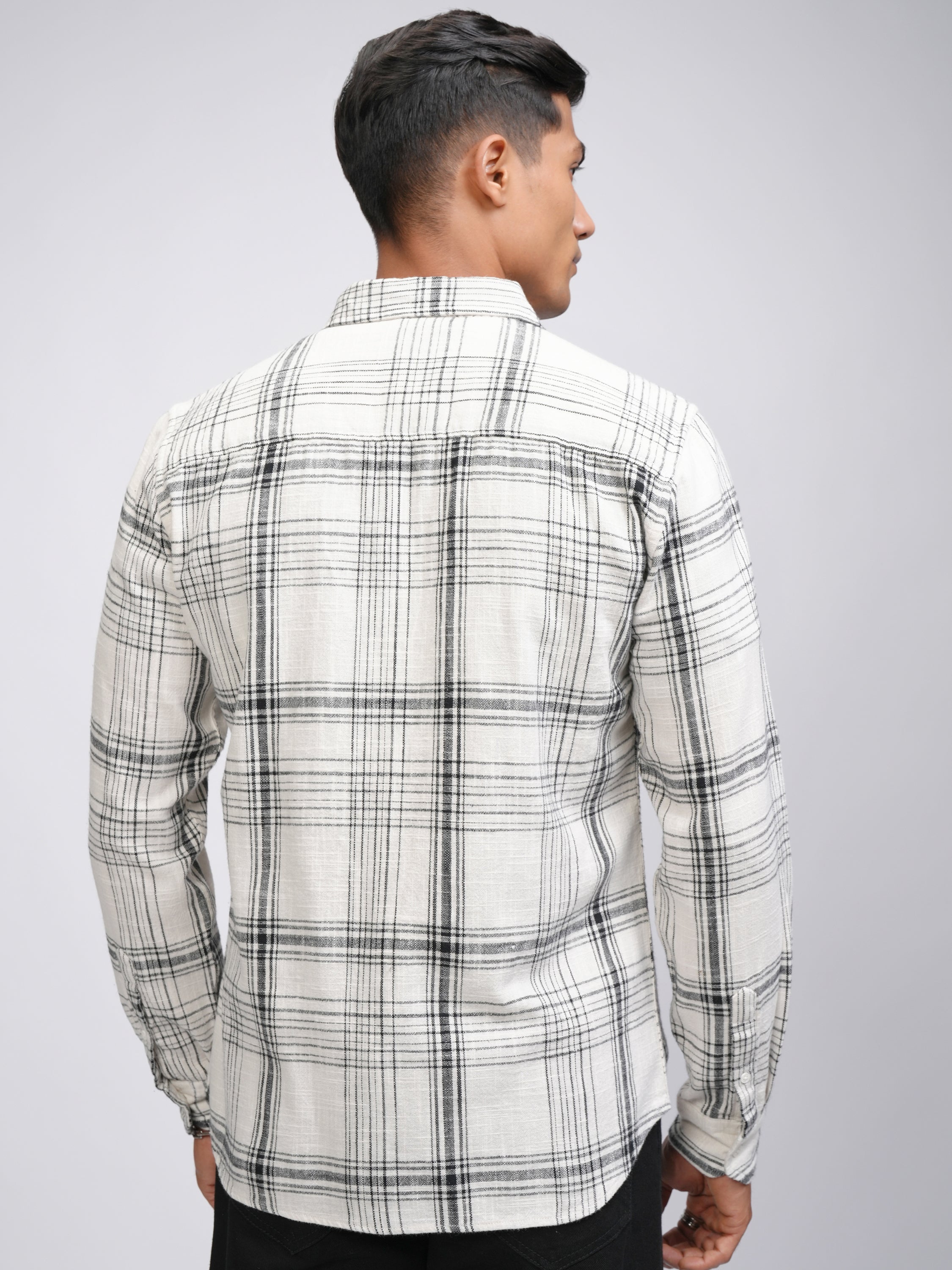 Highlander Men Off White Checked Slim Fit Casual Shirt - Off White - Image 3