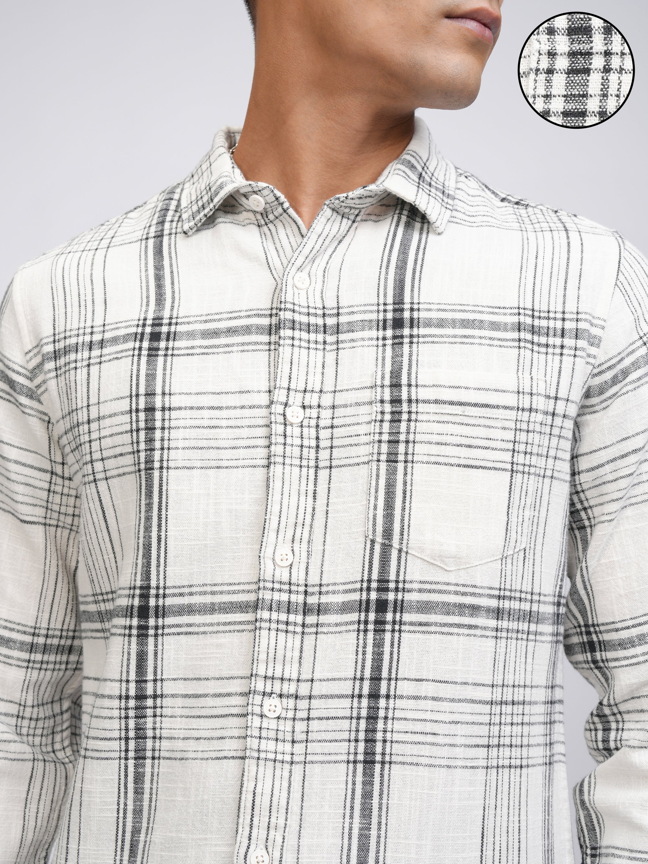 Highlander Men Off White Checked Slim Fit Casual Shirt - Off White - Image 5