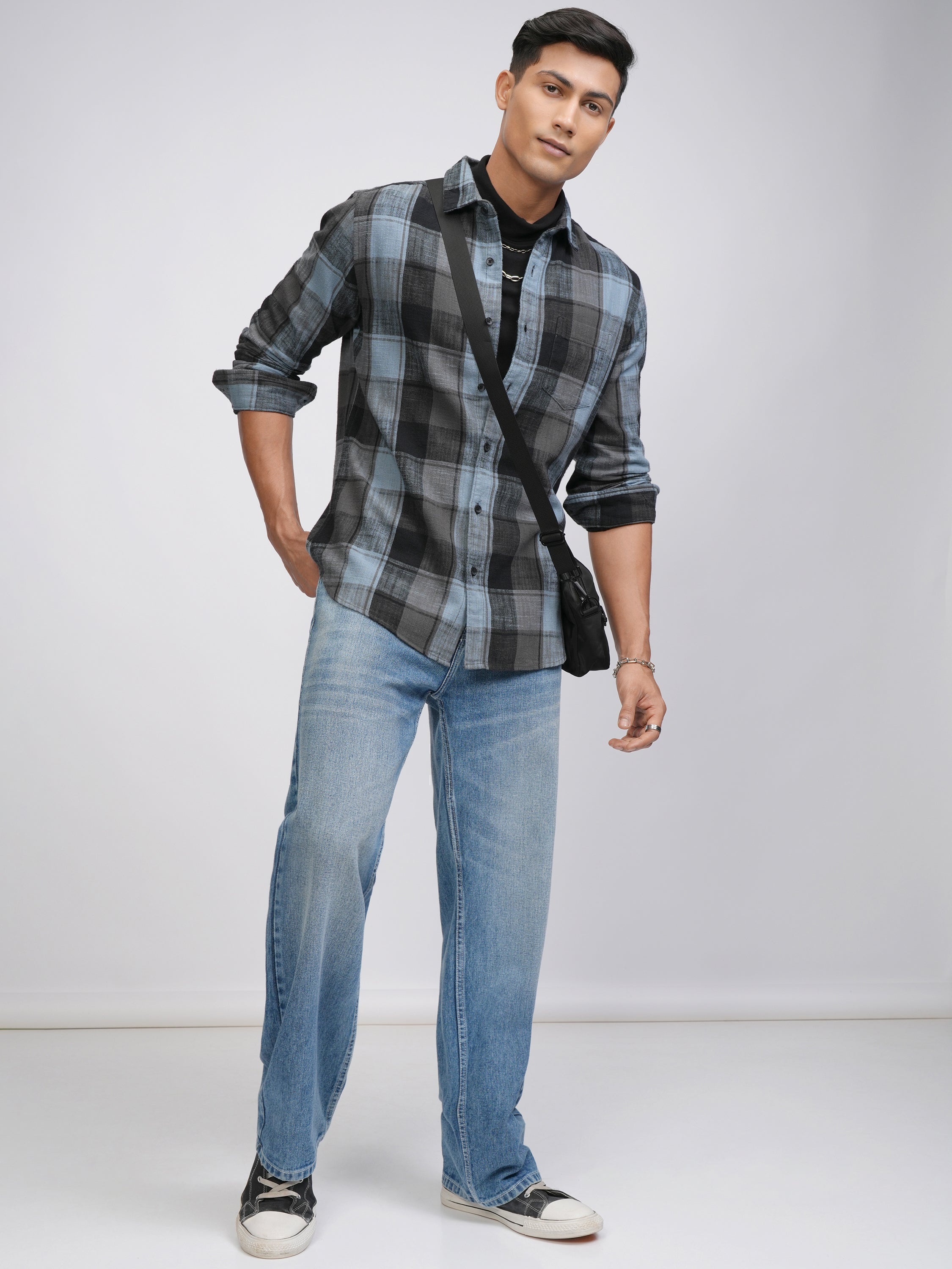 Highlander Men Blue Checked Slim Fit Casual Shirt - Blue - Image 2