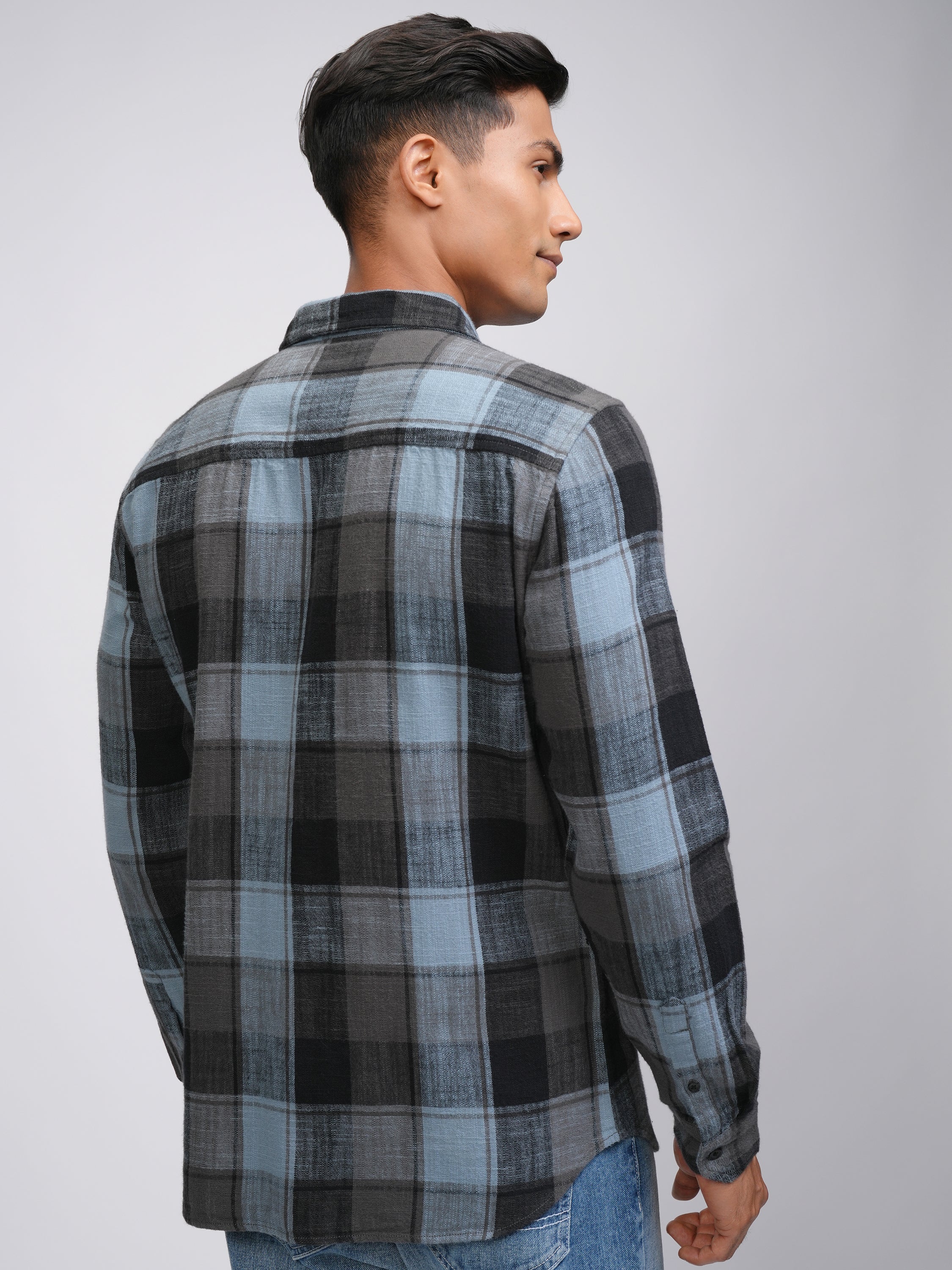 Highlander Men Blue Checked Slim Fit Casual Shirt - Blue - Image 3