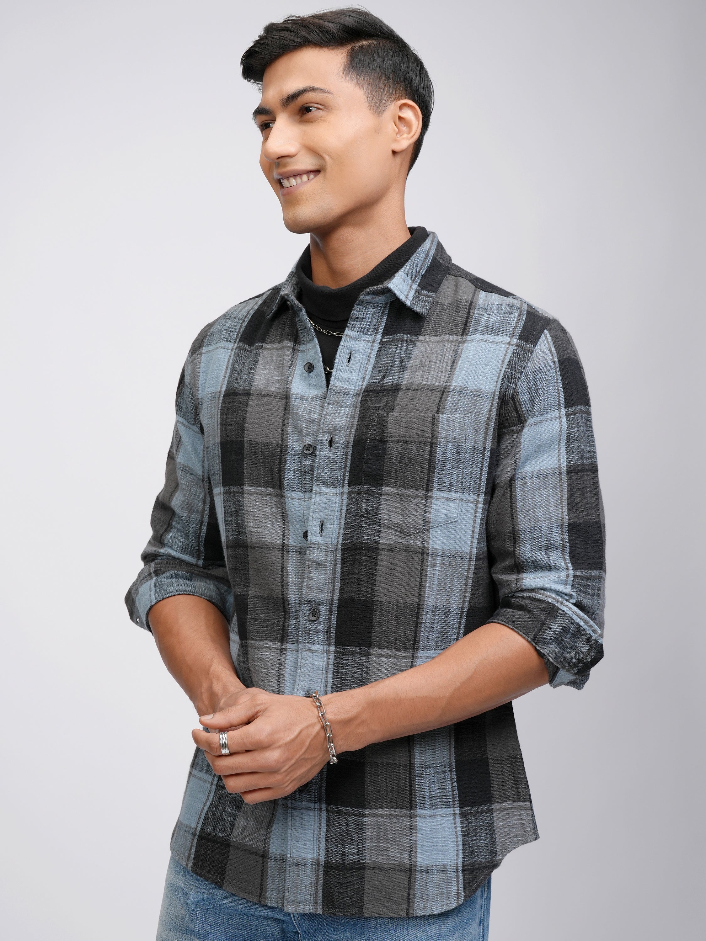 Highlander Men Blue Checked Slim Fit Casual Shirt - Blue - Image 4
