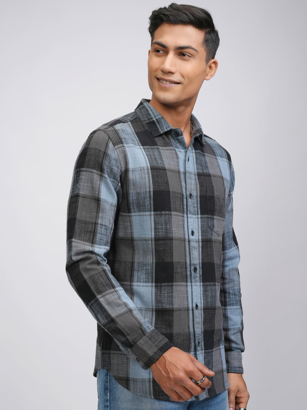Highlander Men Blue Checked Slim Fit Casual Shirt - Blue - Image 6