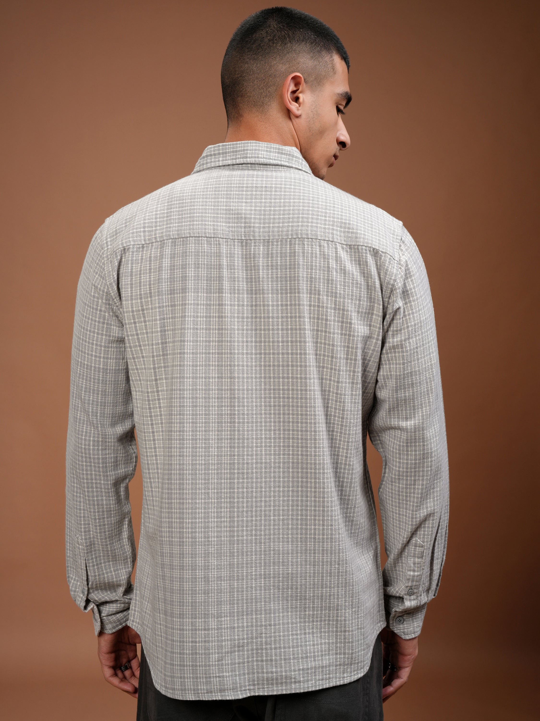 Highlander Men Grey Checked Slim Fit Casual Shirt - Grey - Image 3