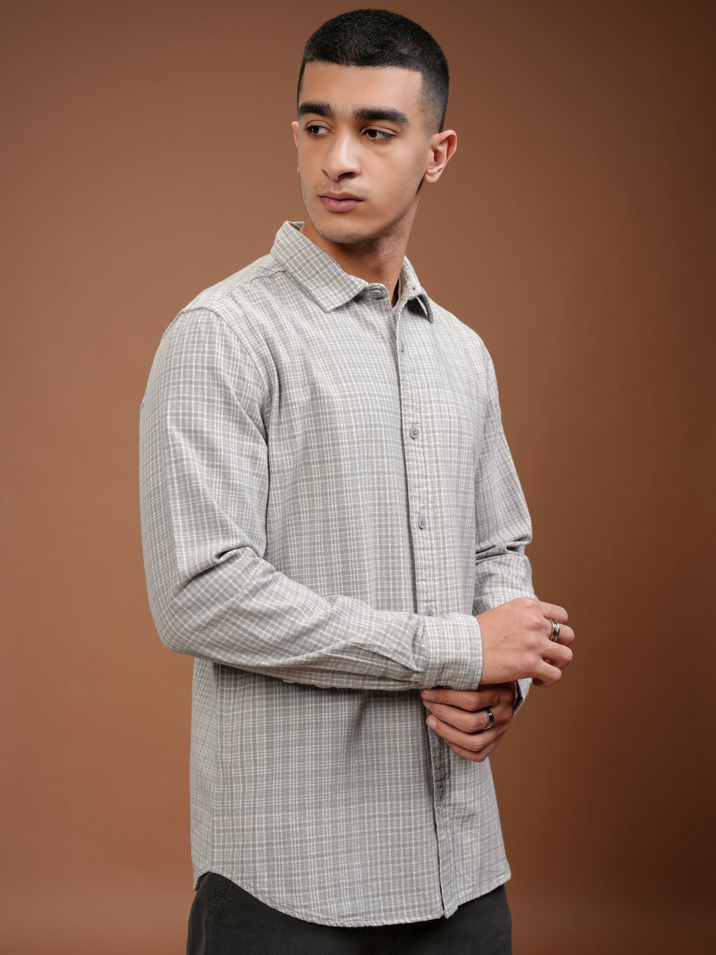 Highlander Men Grey Checked Slim Fit Casual Shirt - Grey - Image 6