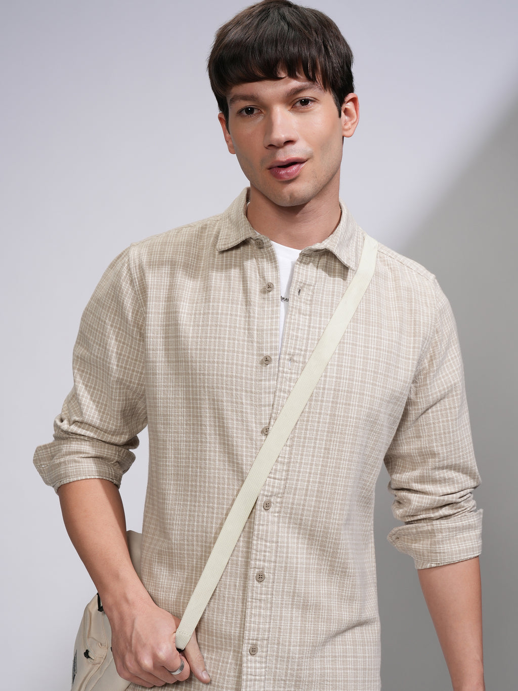 Highlander Men Beige Checked Slim Fit Casual Shirt - Beige - Image 1