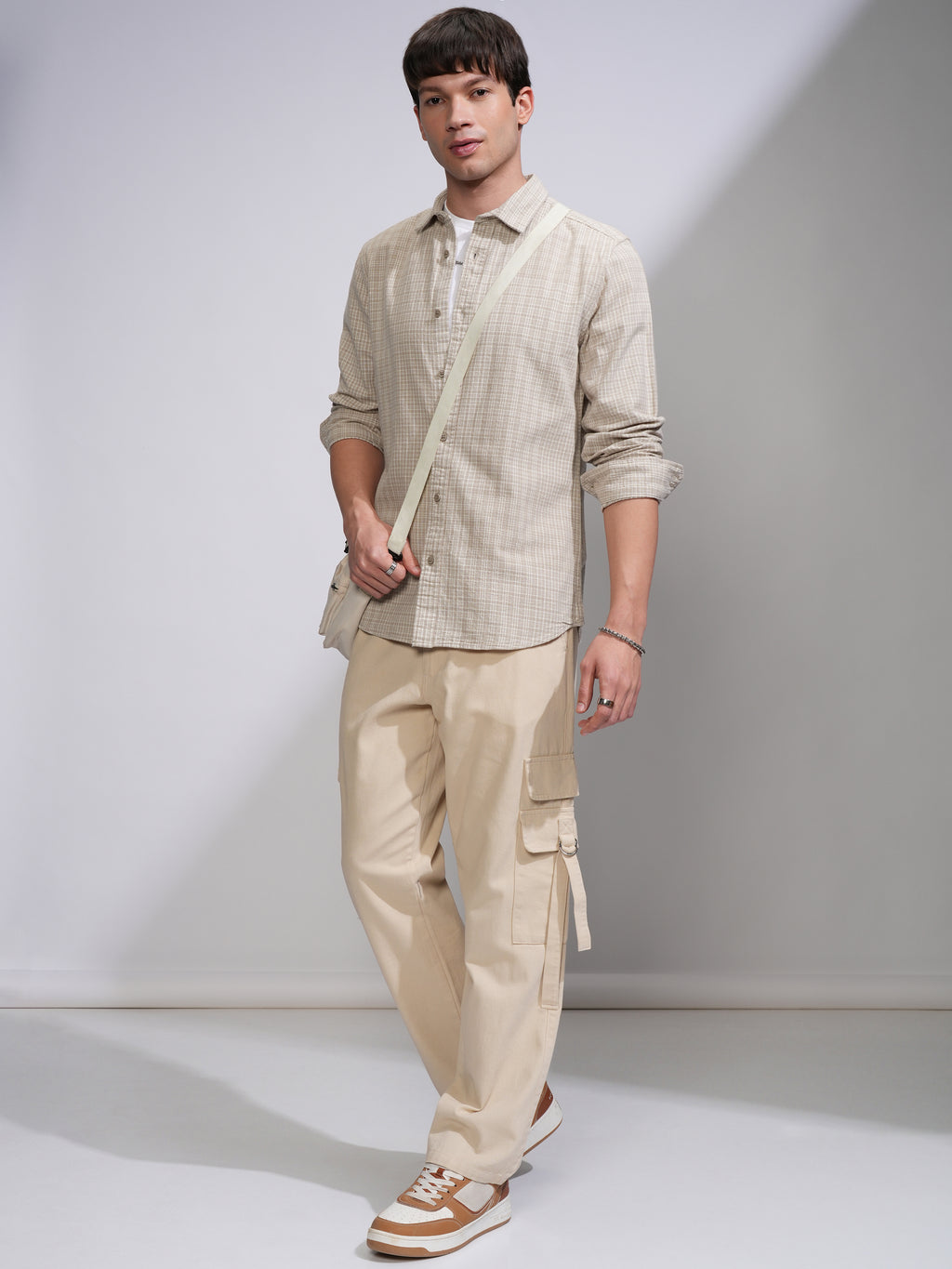 Highlander Men Beige Checked Slim Fit Casual Shirt - Beige - Image 2