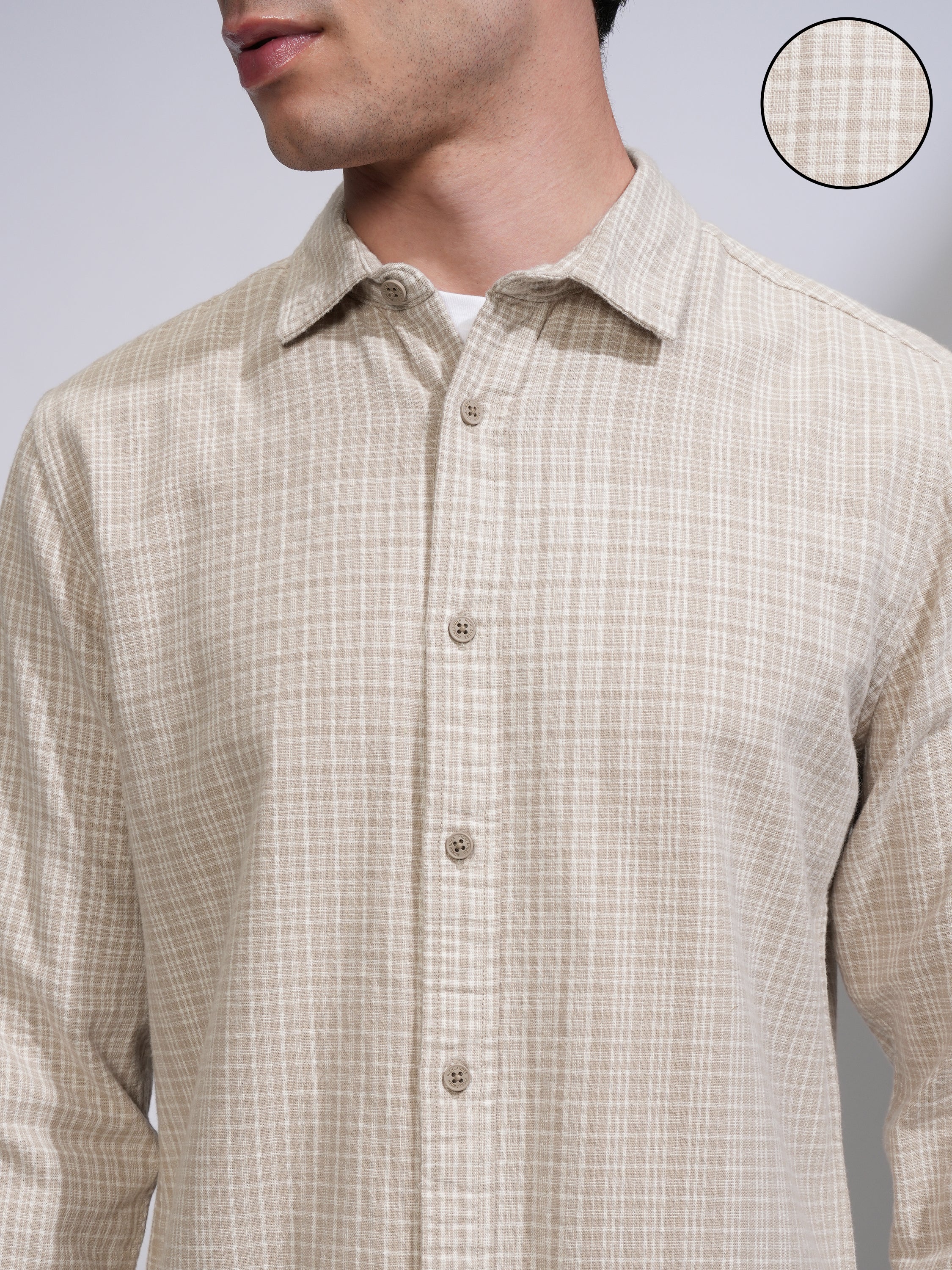 Highlander Men Beige Checked Slim Fit Casual Shirt - Beige - Image 5