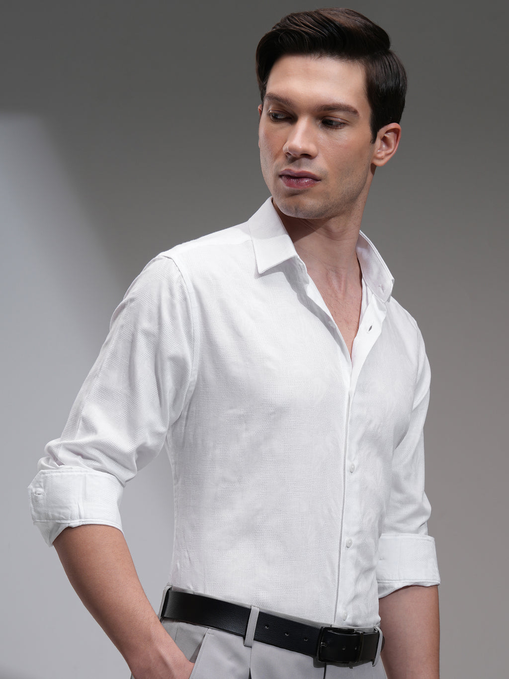 Highlander Men White Textured Slim Fit Casual Shirt - White - Image 6