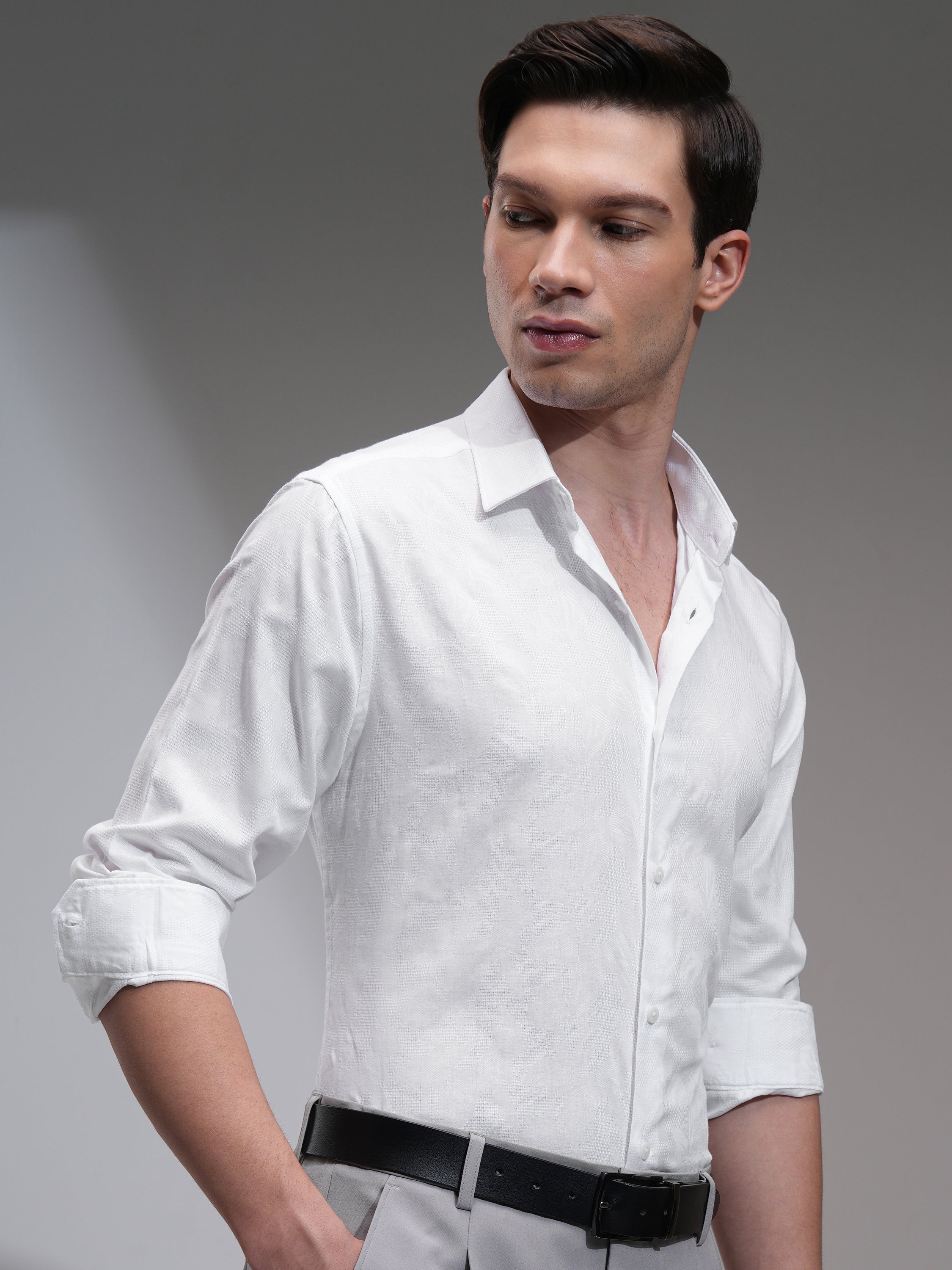 Highlander Men White Textured Slim Fit Casual Shirt - White - Image 6