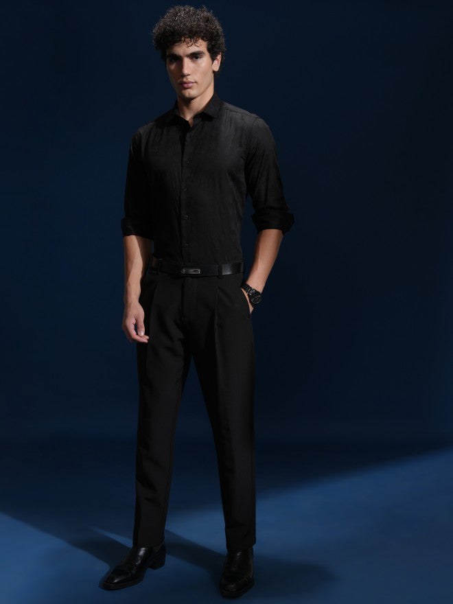 Highlander Men Black Self Design Slim Fit Casual Shirt - Black - Image 2