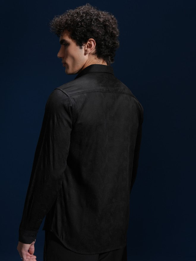 Highlander Men Black Self Design Slim Fit Casual Shirt - Black - Image 3