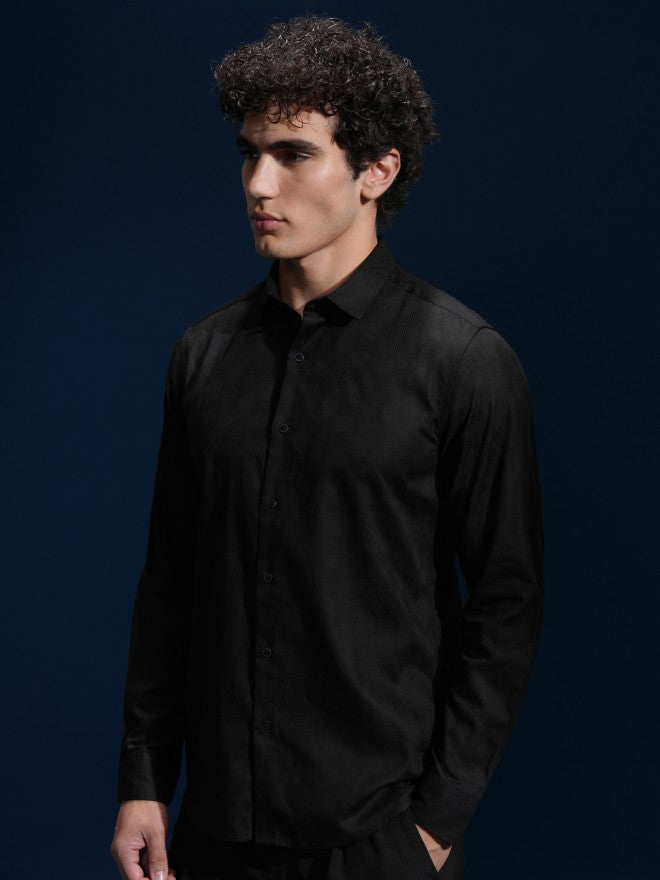 Highlander Men Black Self Design Slim Fit Casual Shirt - Black - Image 4
