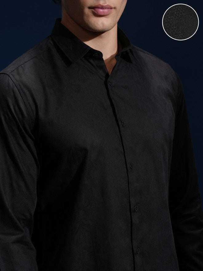 Highlander Men Black Self Design Slim Fit Casual Shirt - Black - Image 5