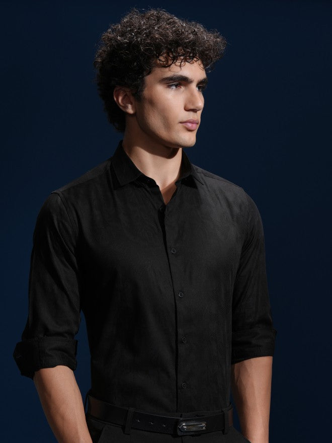 Highlander Men Black Self Design Slim Fit Casual Shirt - Black - Image 6