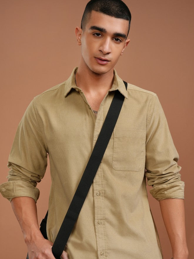 Highlander Men Beige Solid Slim Fit Corduroy Casual Shirt - Beige - Image 1