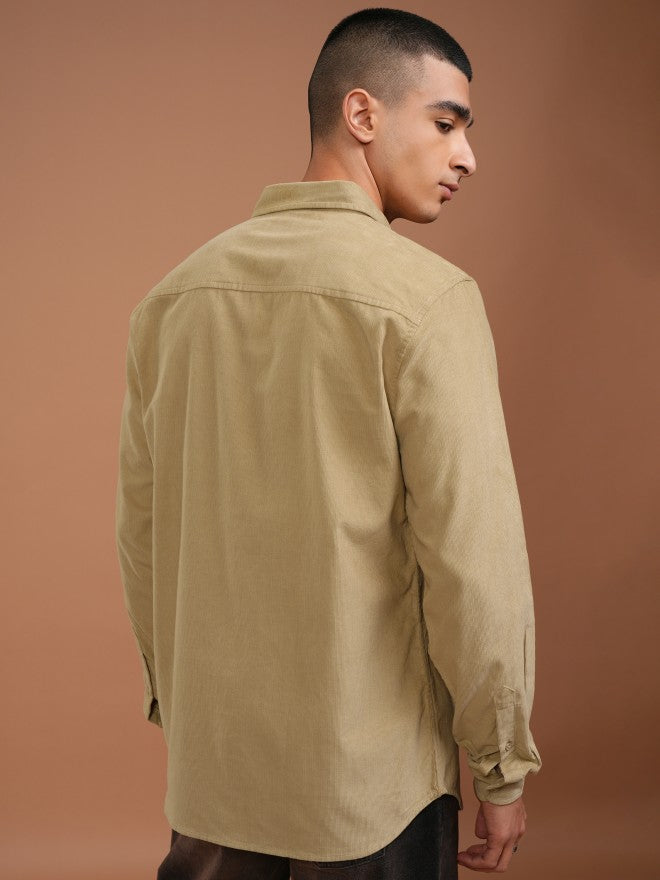 Highlander Men Beige Solid Slim Fit Corduroy Casual Shirt - Beige - Image 3