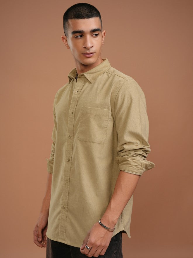 Highlander Men Beige Solid Slim Fit Corduroy Casual Shirt - Beige - Image 4