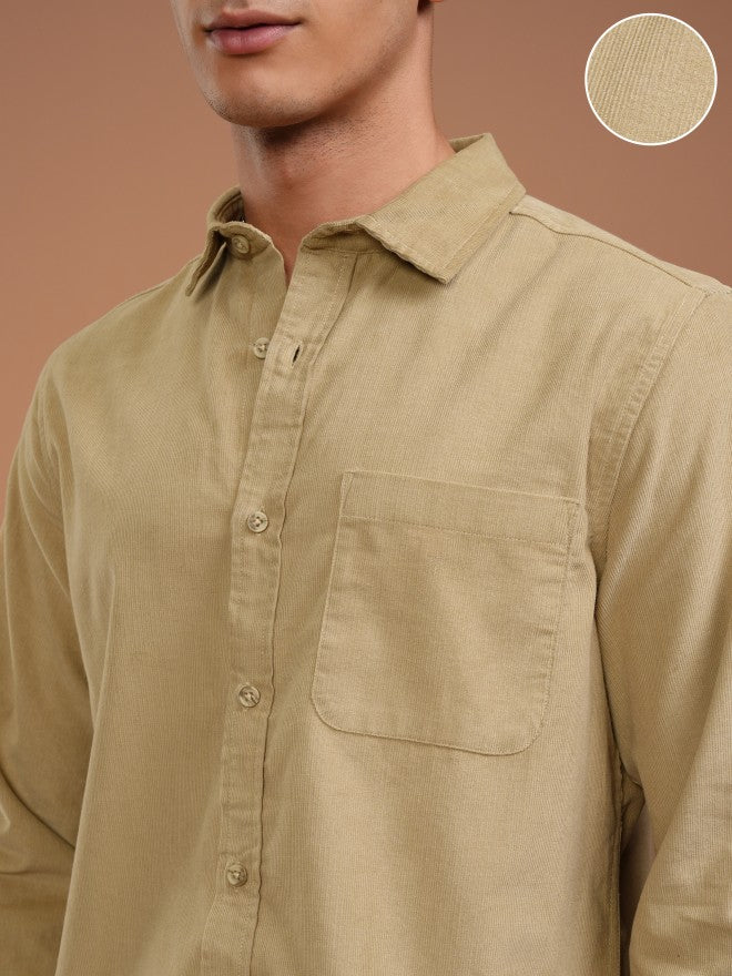 Highlander Men Beige Solid Slim Fit Corduroy Casual Shirt - Beige - Image 5