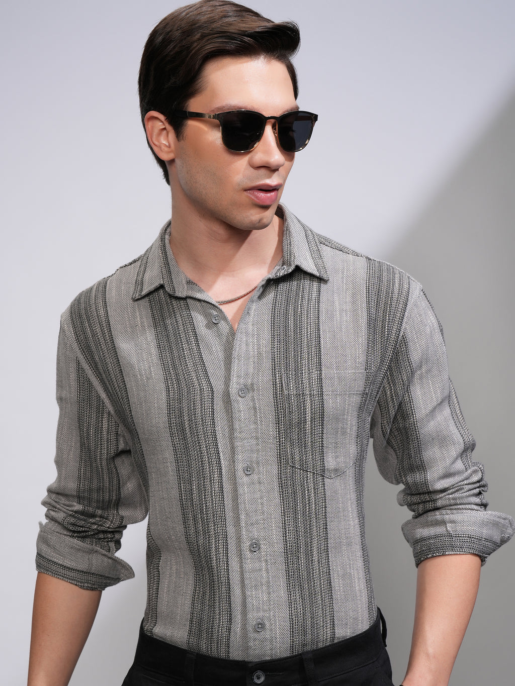 Highlander Men Grey Striped Relaxed Fit Casual Shirt - Grey - Image 1