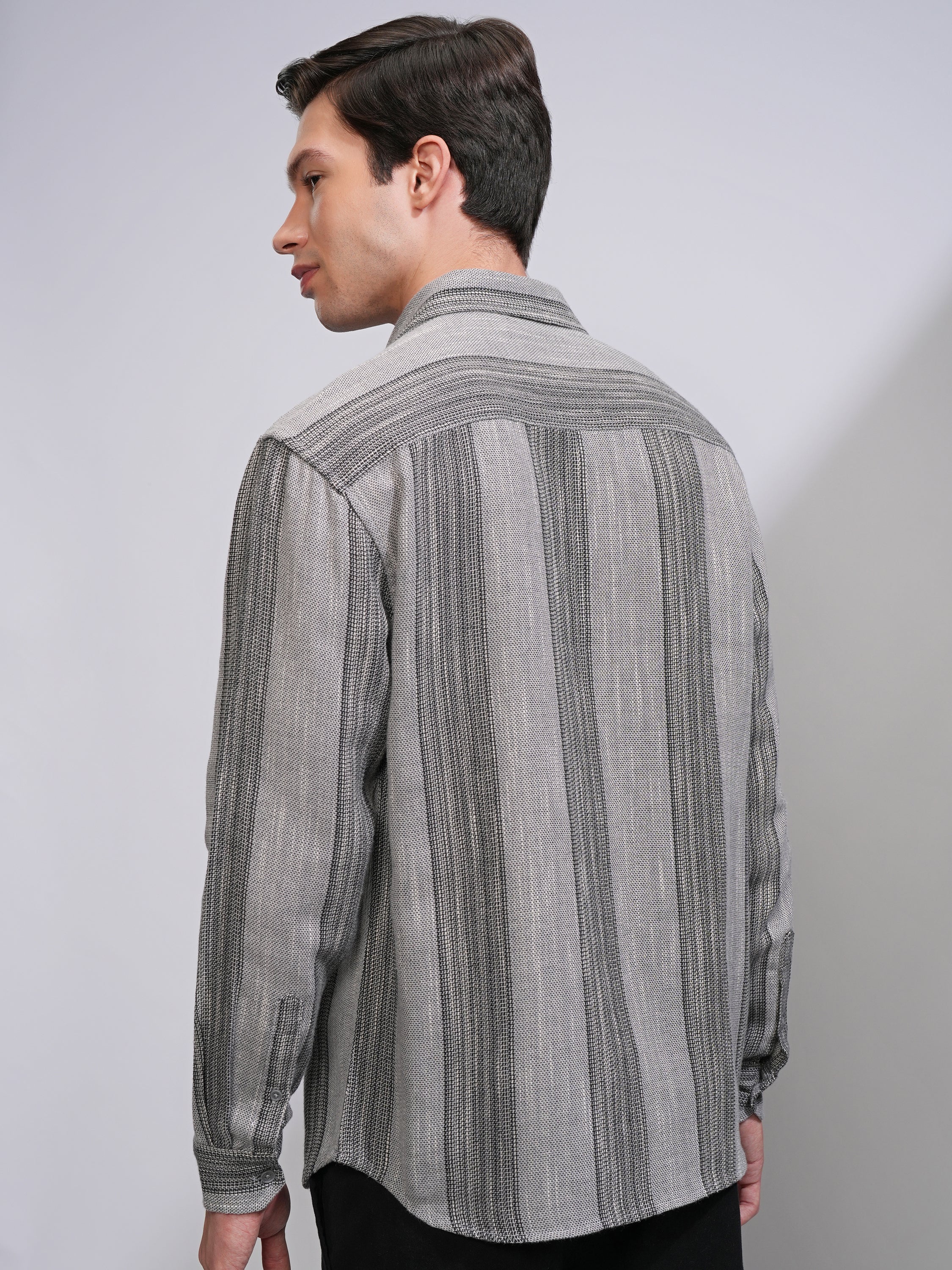 Highlander Men Grey Striped Relaxed Fit Casual Shirt - Grey - Image 3