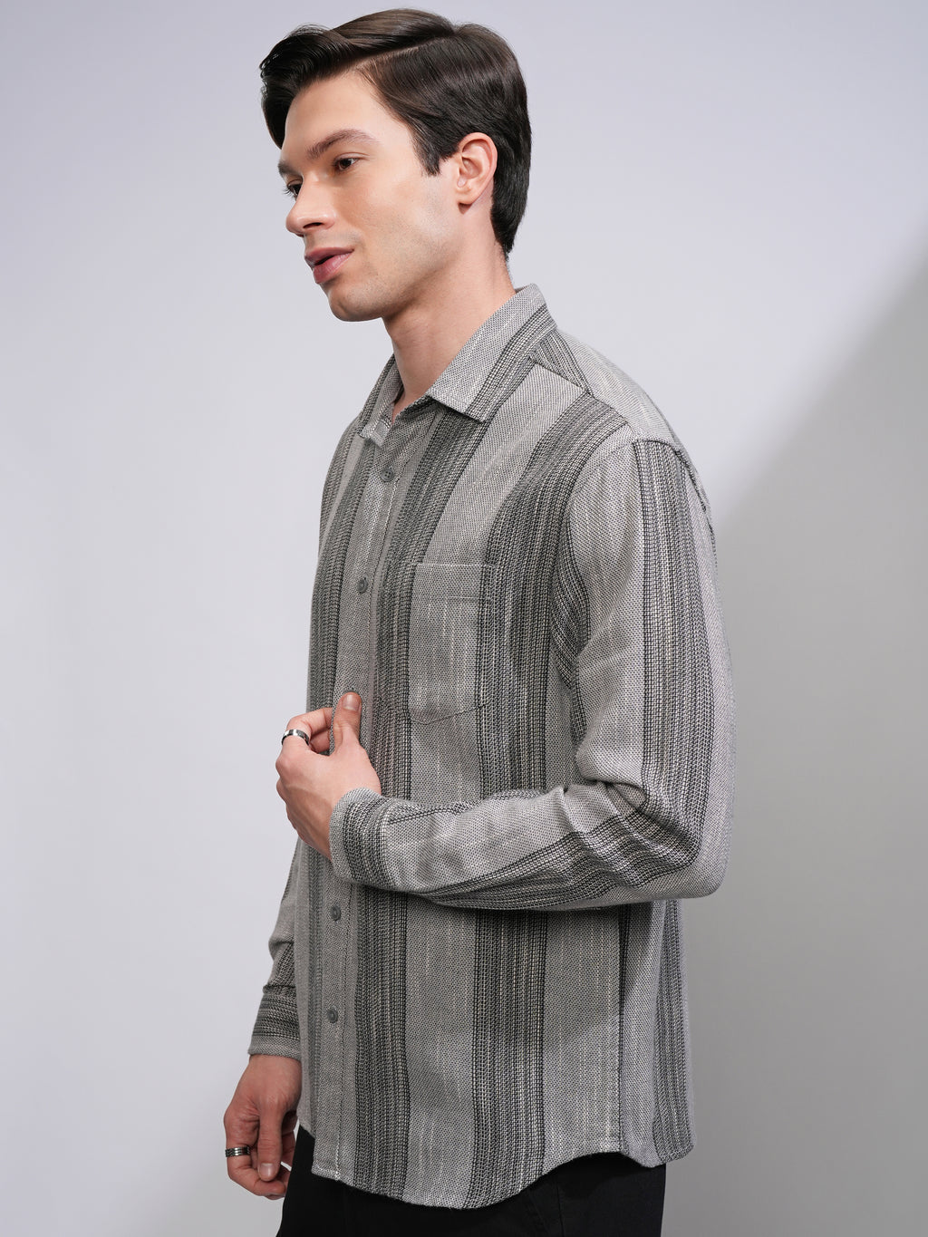 Highlander Men Grey Striped Relaxed Fit Casual Shirt - Grey - Image 4