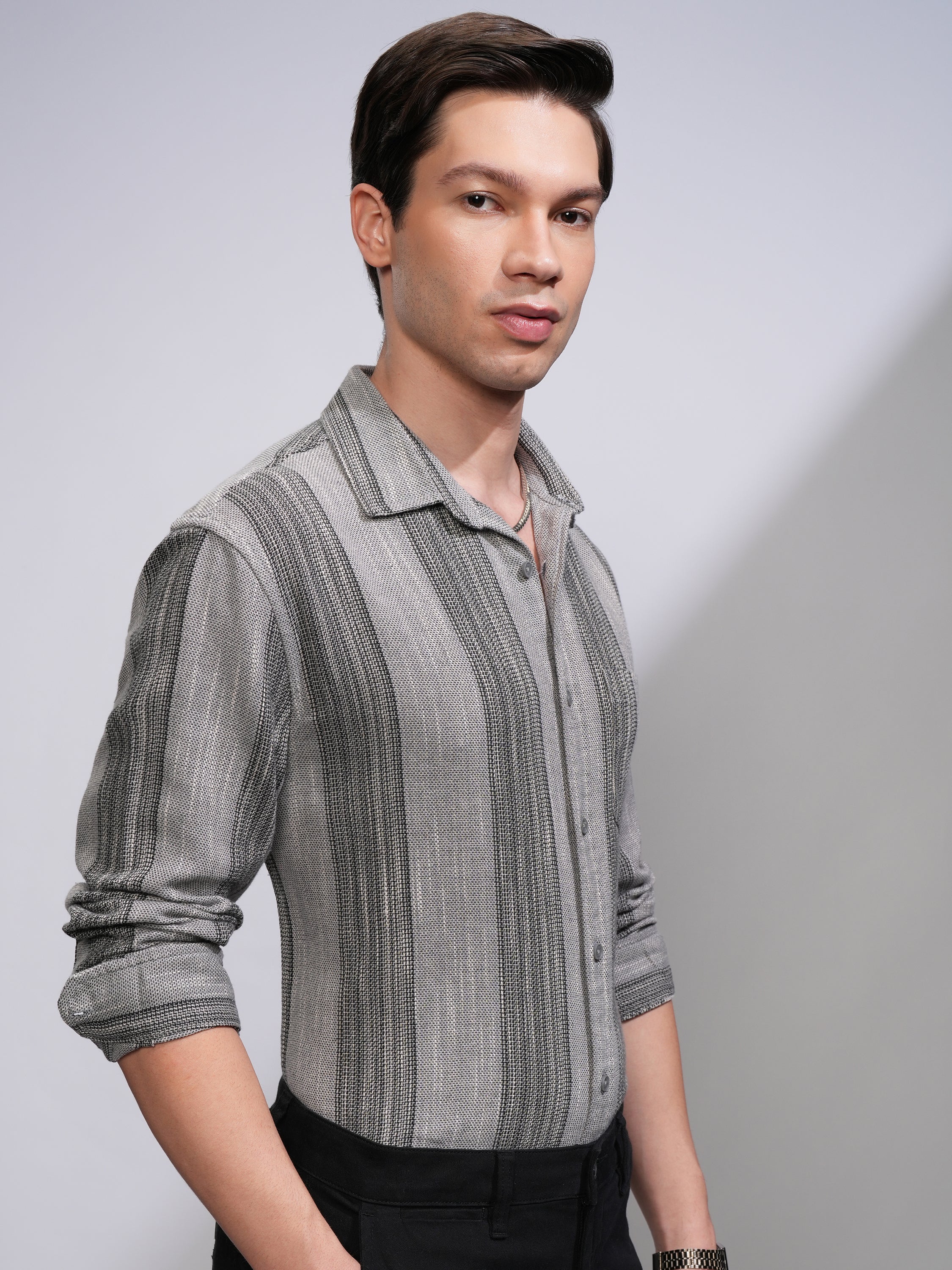 Highlander Men Grey Striped Relaxed Fit Casual Shirt - Grey - Image 6