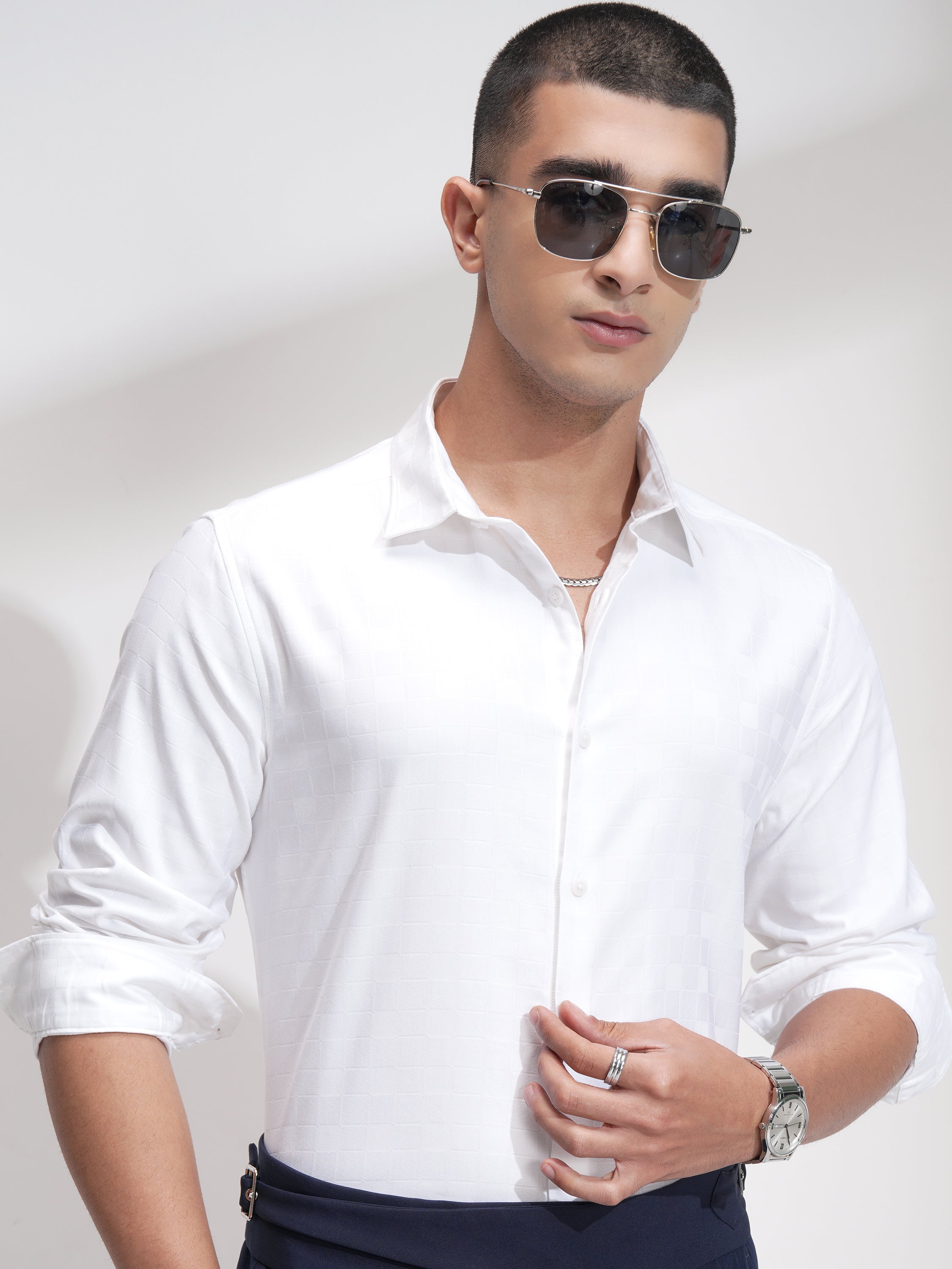 Highlander Men White Self Design Slim Fit Casual Shirt - White - Image 1