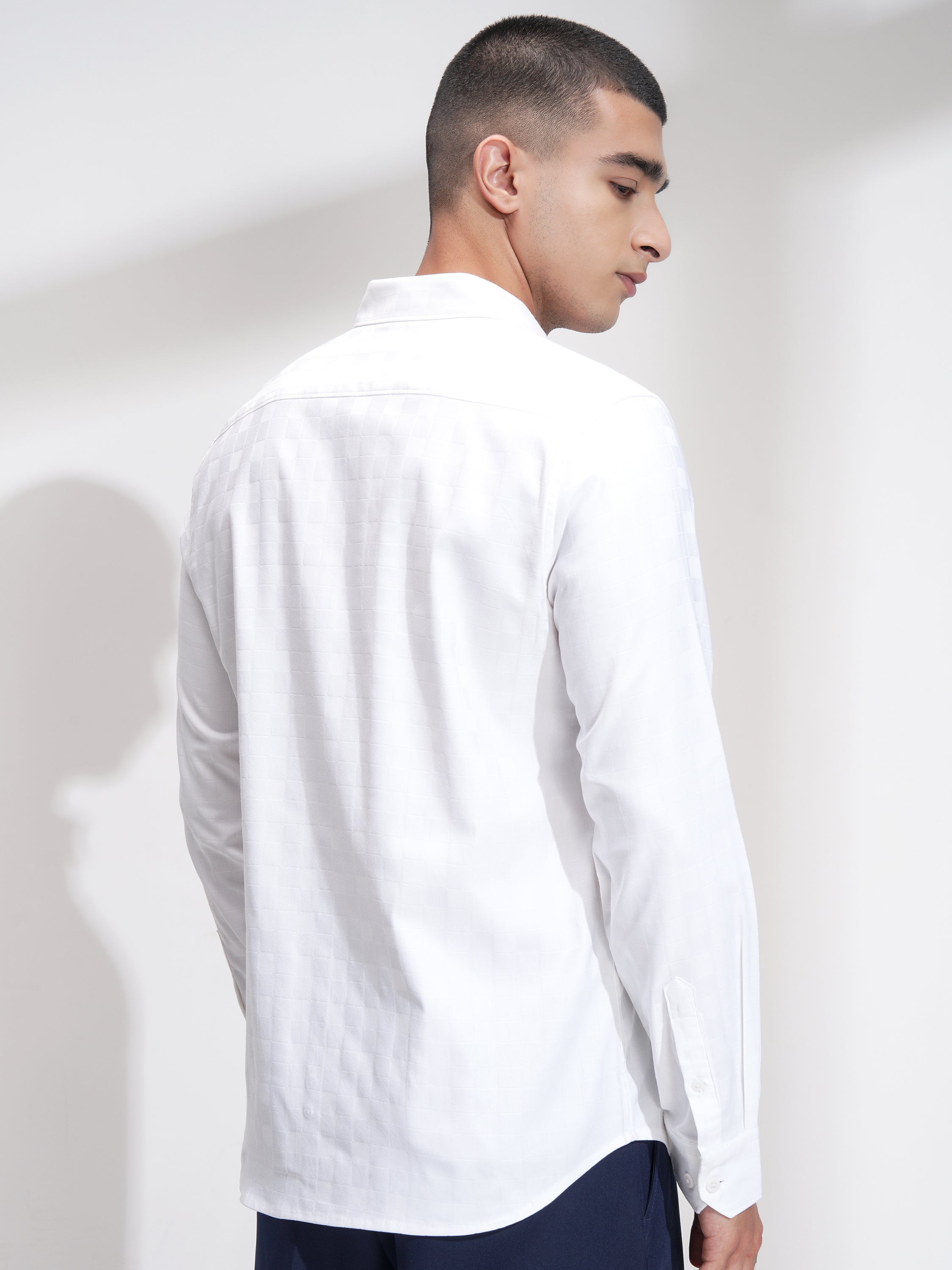 Highlander Men White Self Design Slim Fit Casual Shirt - White - Image 3