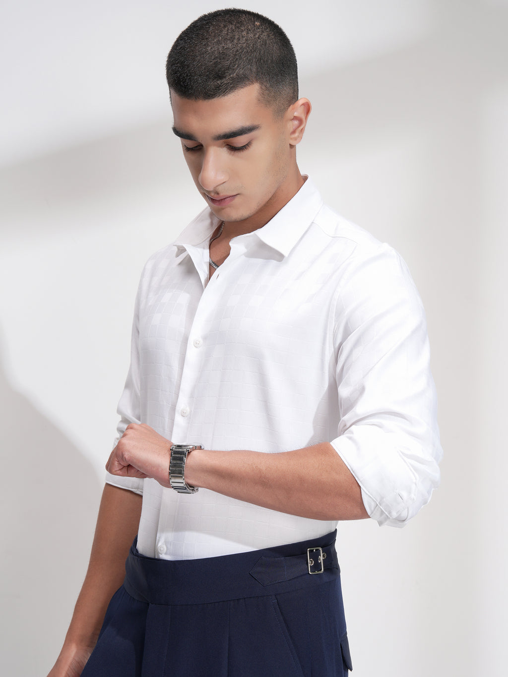 Highlander Men White Self Design Slim Fit Casual Shirt - White - Image 4