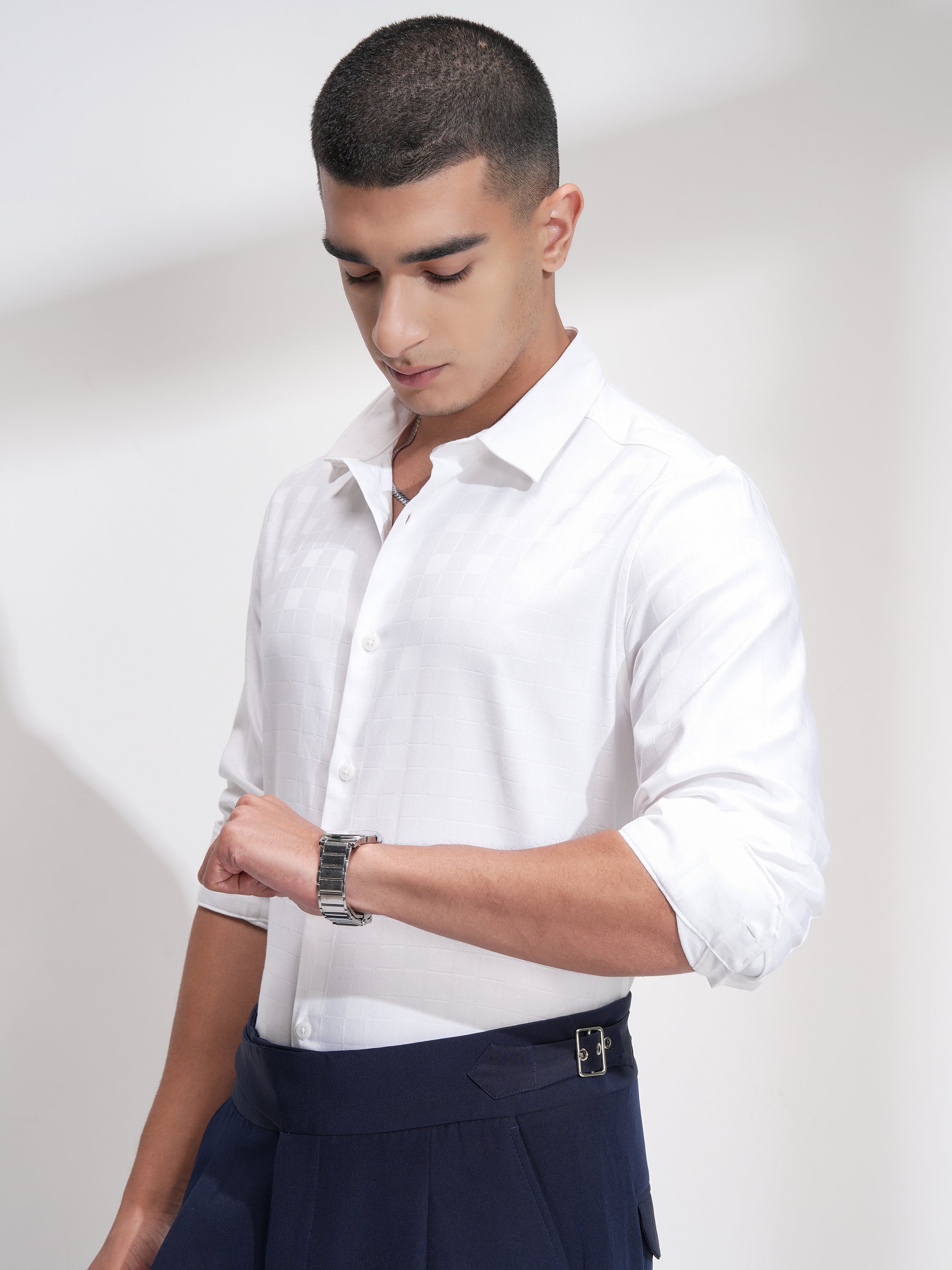 Highlander Men White Self Design Slim Fit Casual Shirt - White - Image 4