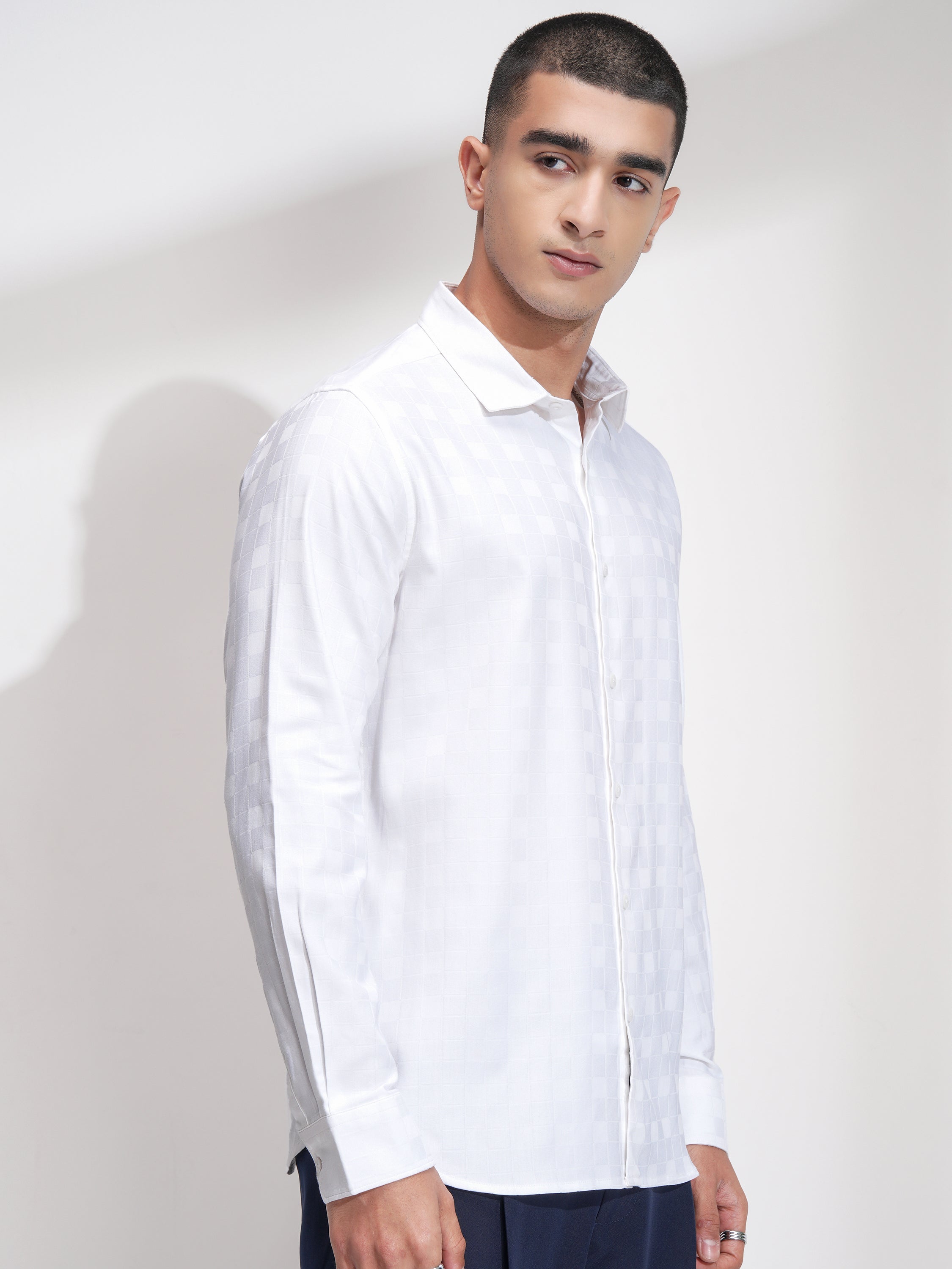 Highlander Men White Self Design Slim Fit Casual Shirt - White - Image 6