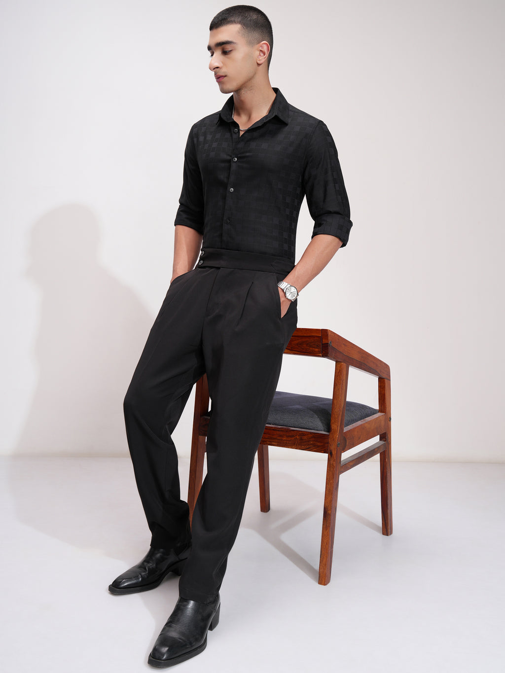 Highlander Men Black Self Design Slim Fit Casual Shirt - Black - Image 2