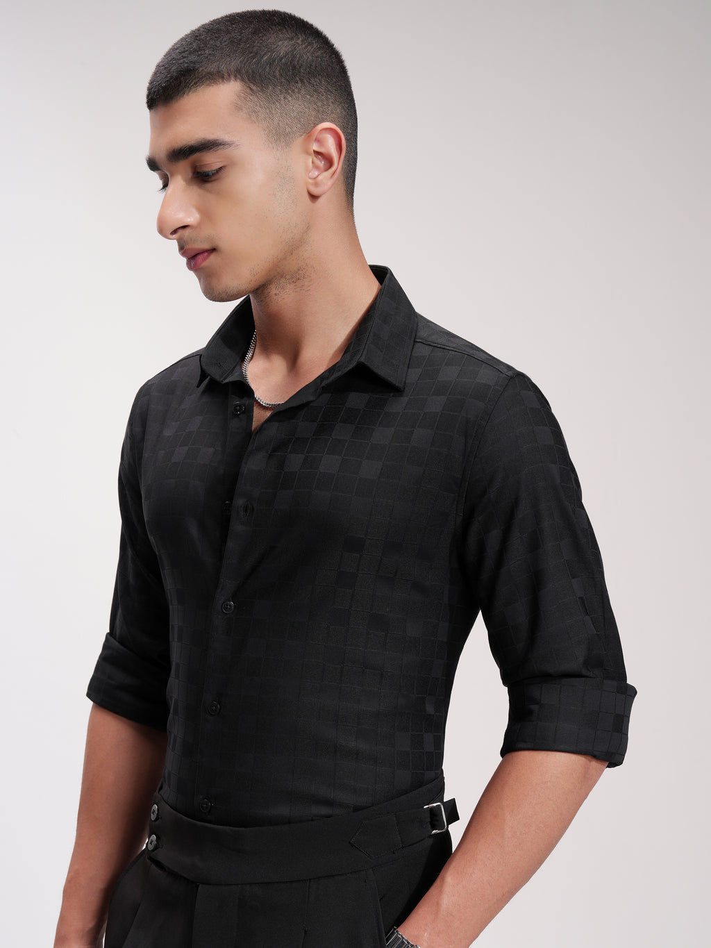 Highlander Men Black Self Design Slim Fit Casual Shirt - Black - Image 4