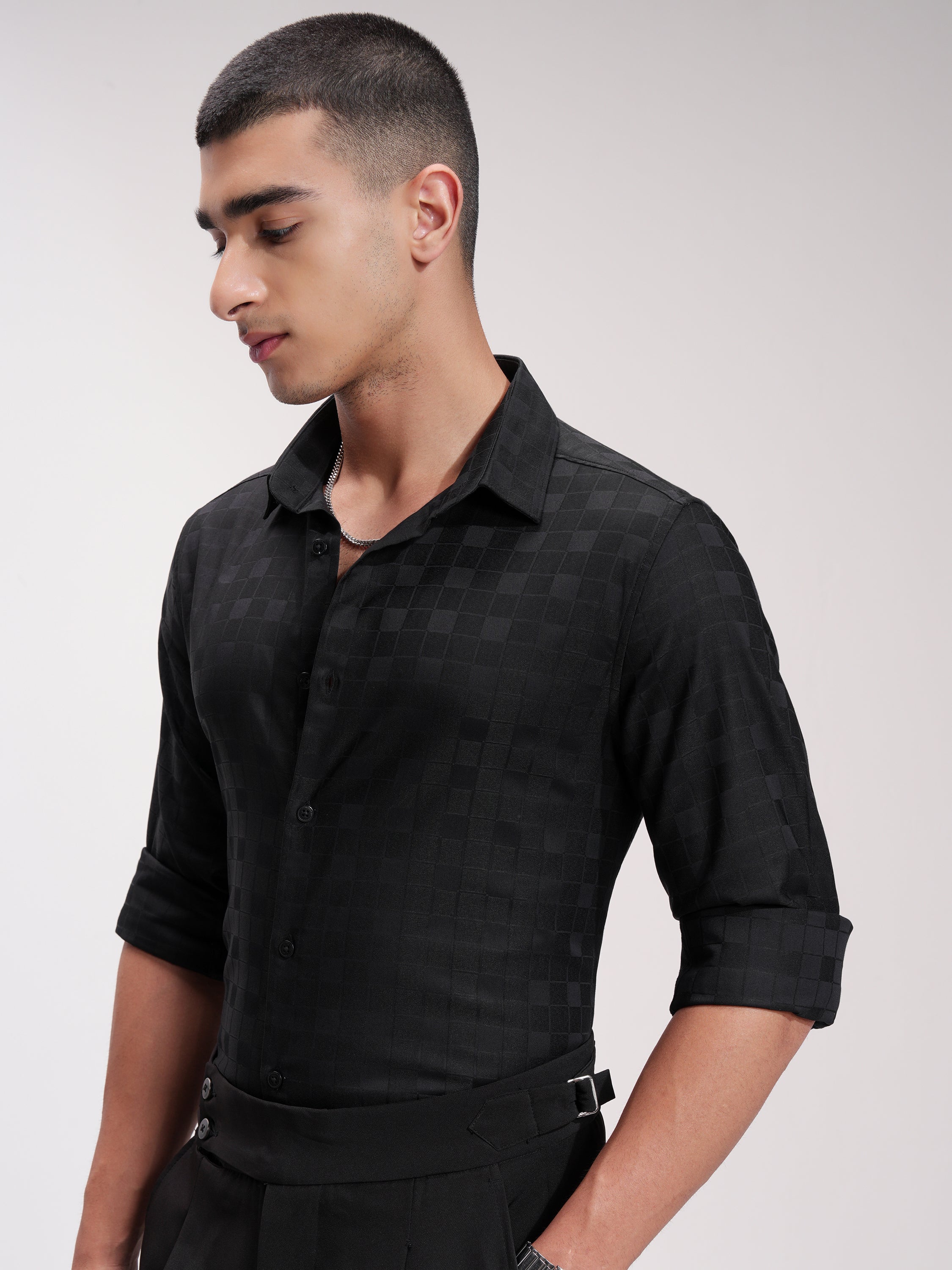 Highlander Men Black Self Design Slim Fit Casual Shirt - Black - Image 4
