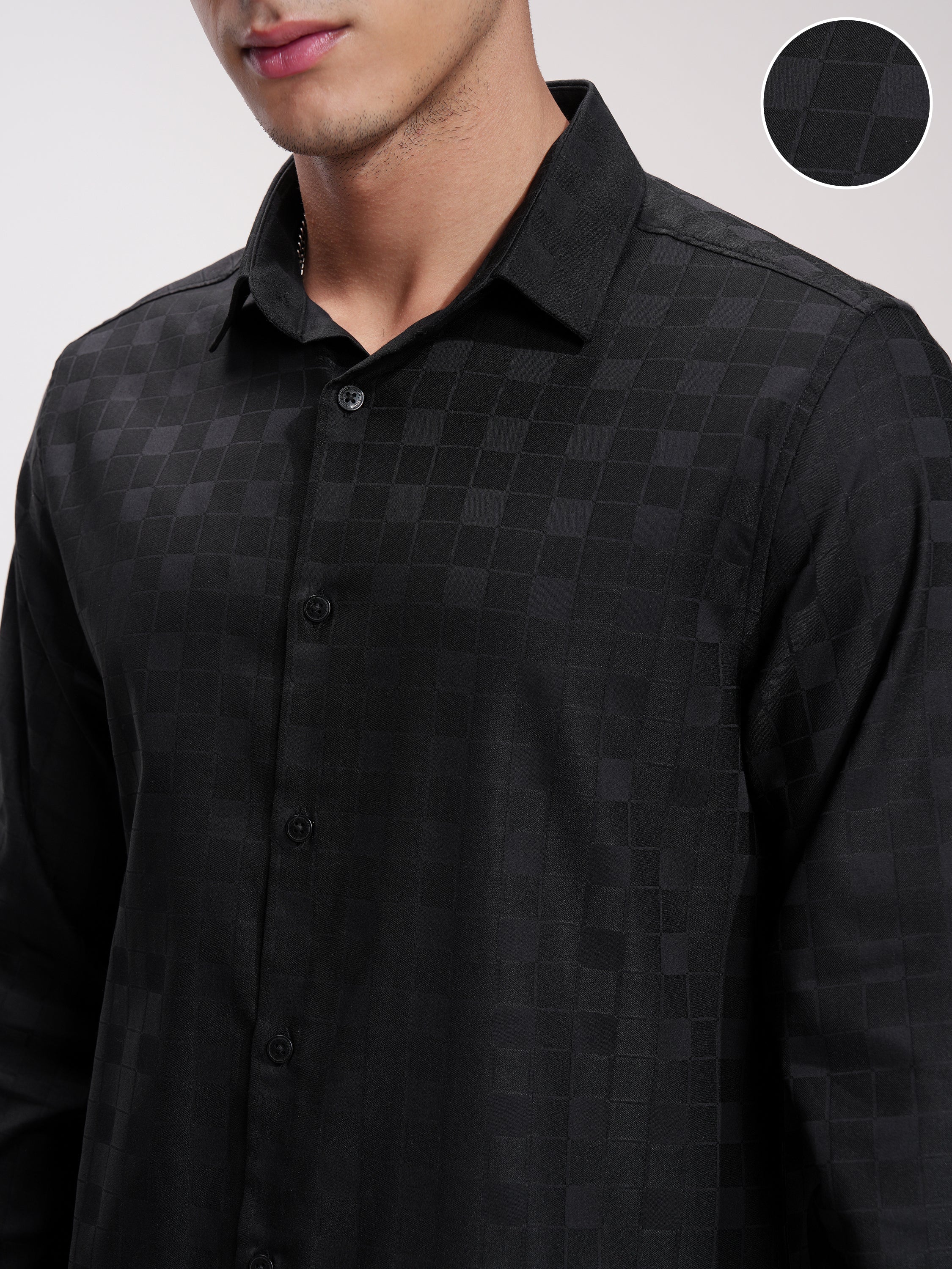 Highlander Men Black Self Design Slim Fit Casual Shirt - Black - Image 5
