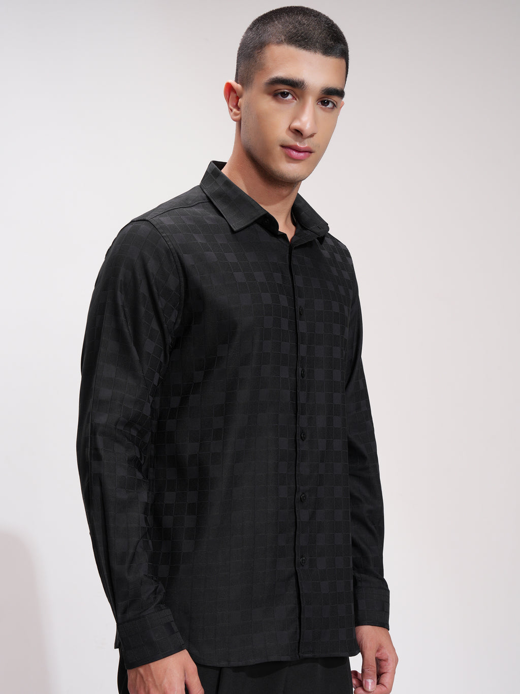 Highlander Men Black Self Design Slim Fit Casual Shirt - Black - Image 6