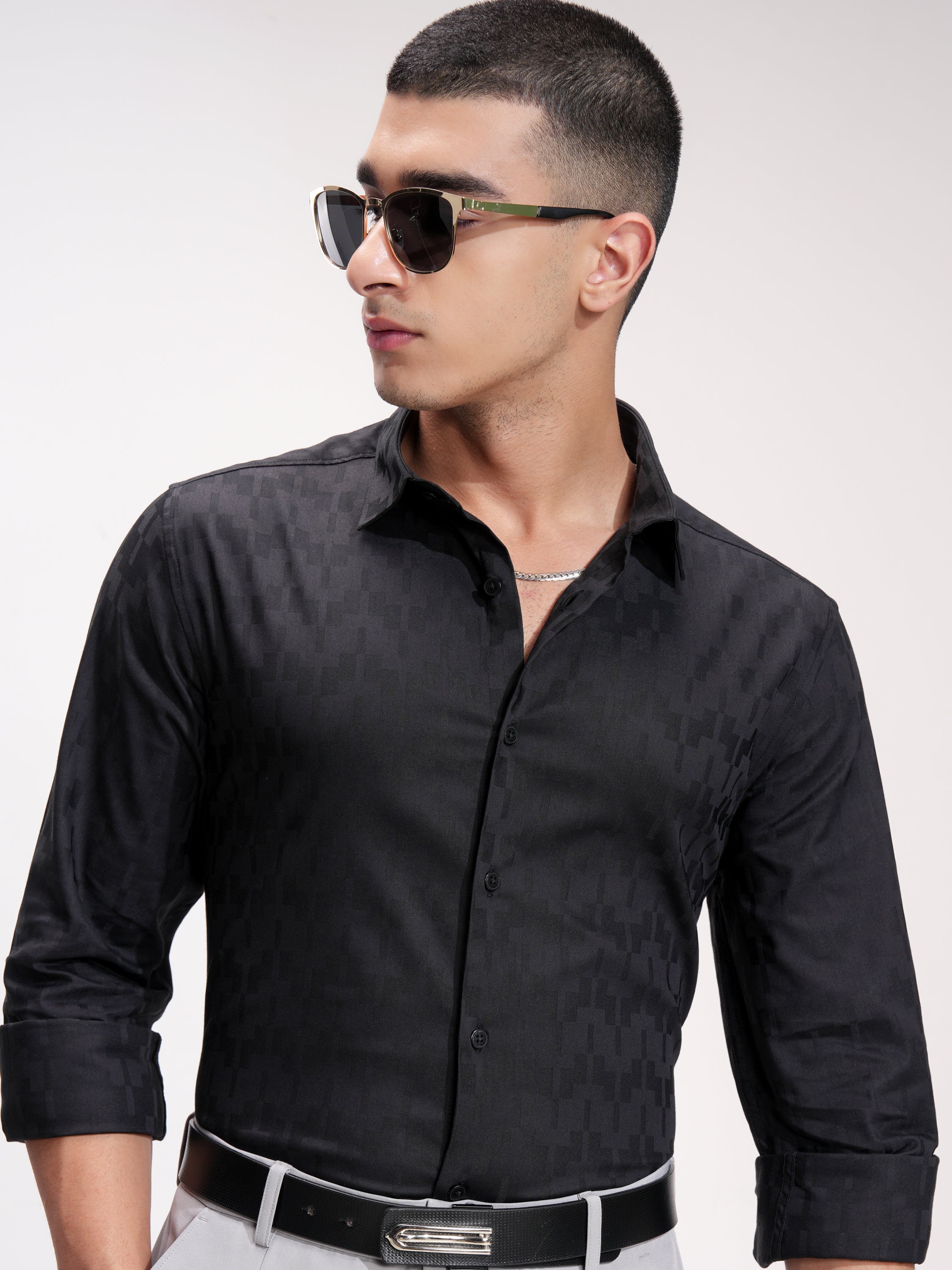 Highlander Men Black Self Design Slim Fit Casual Shirt - Black - Image 1