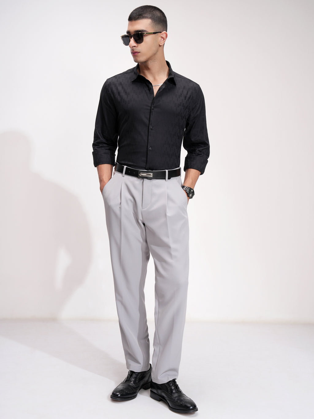 Highlander Men Black Self Design Slim Fit Casual Shirt - Black - Image 2