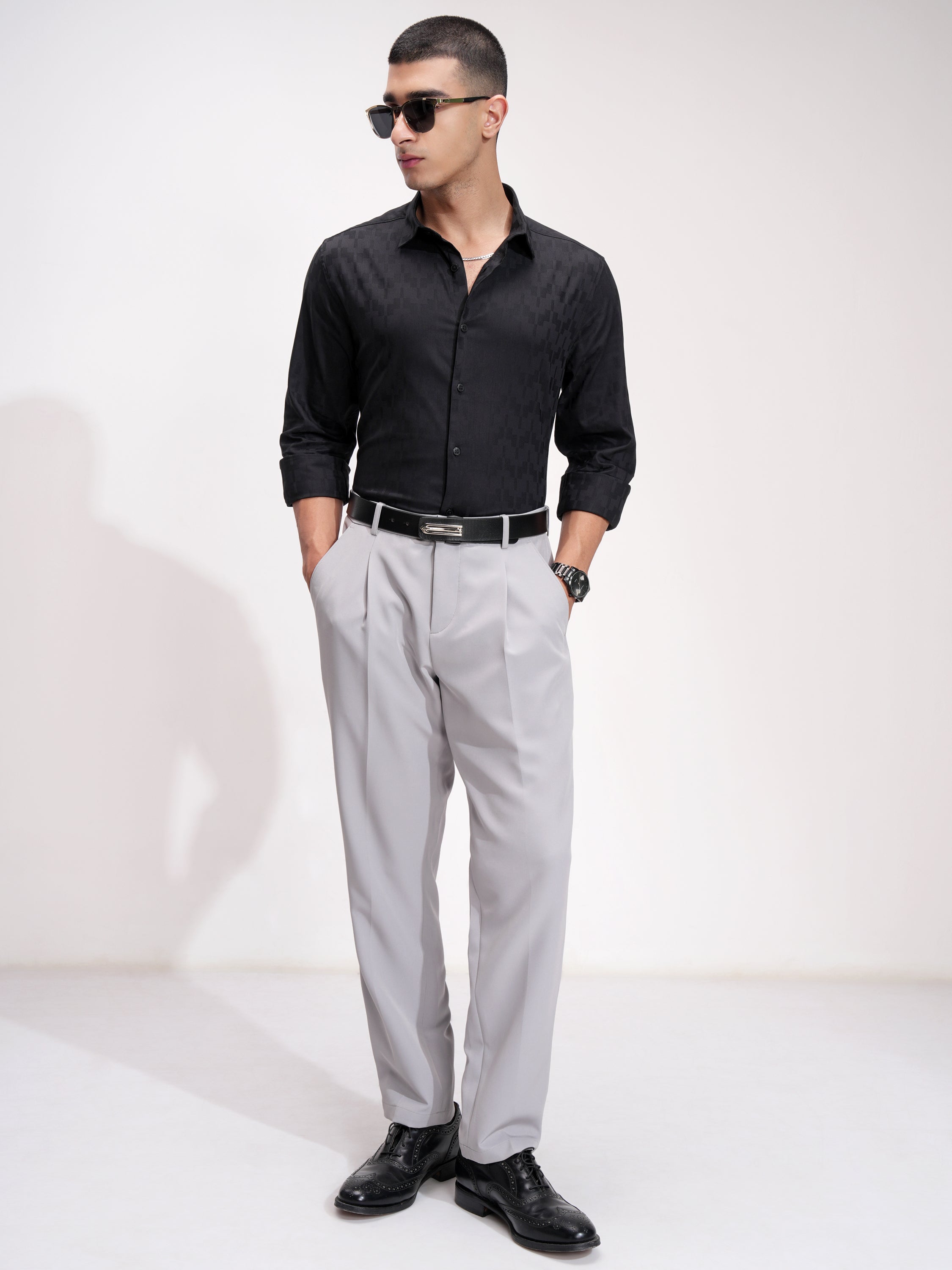 Highlander Men Black Self Design Slim Fit Casual Shirt - Black - Image 2