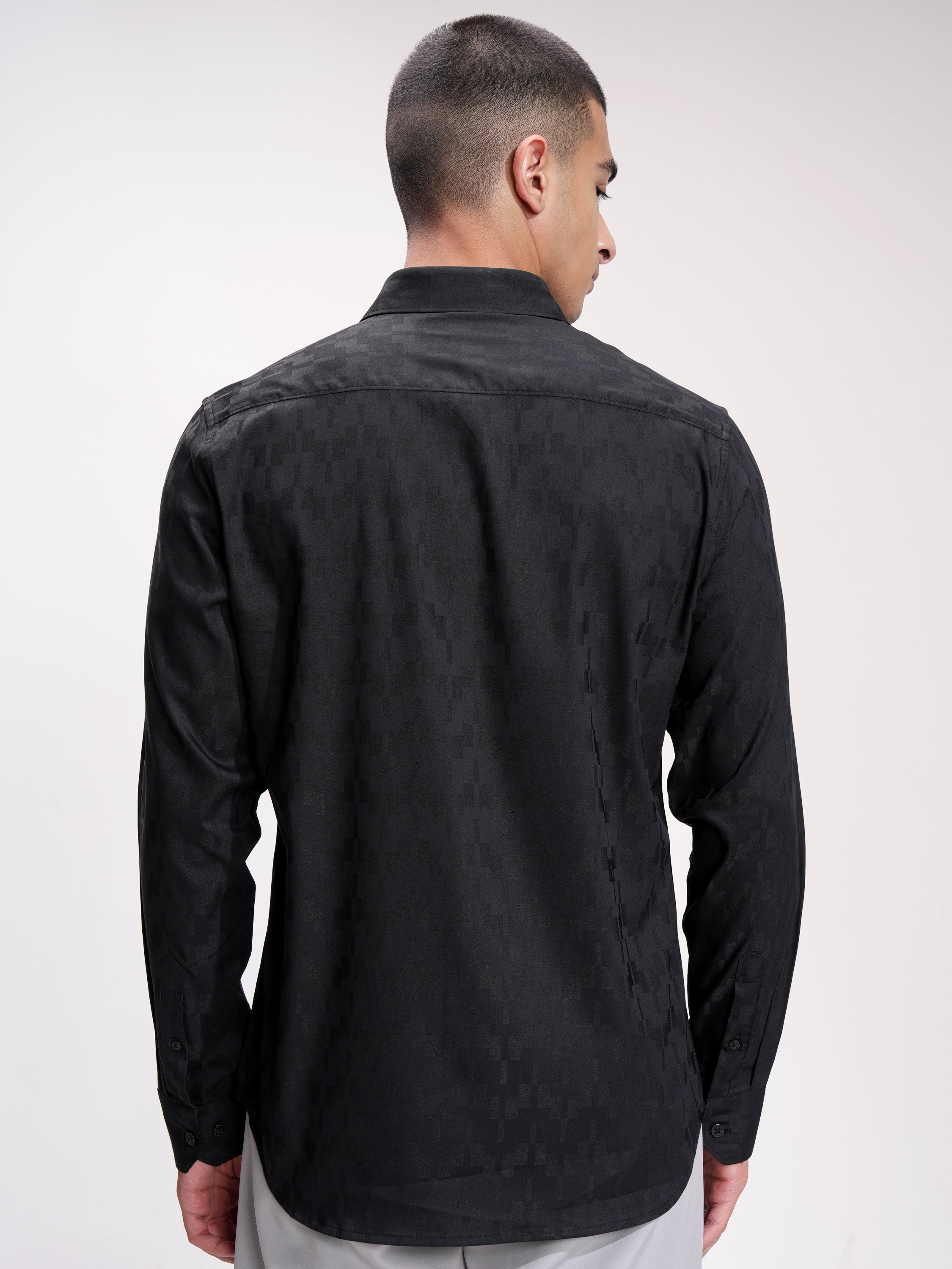 Highlander Men Black Self Design Slim Fit Casual Shirt - Black - Image 3